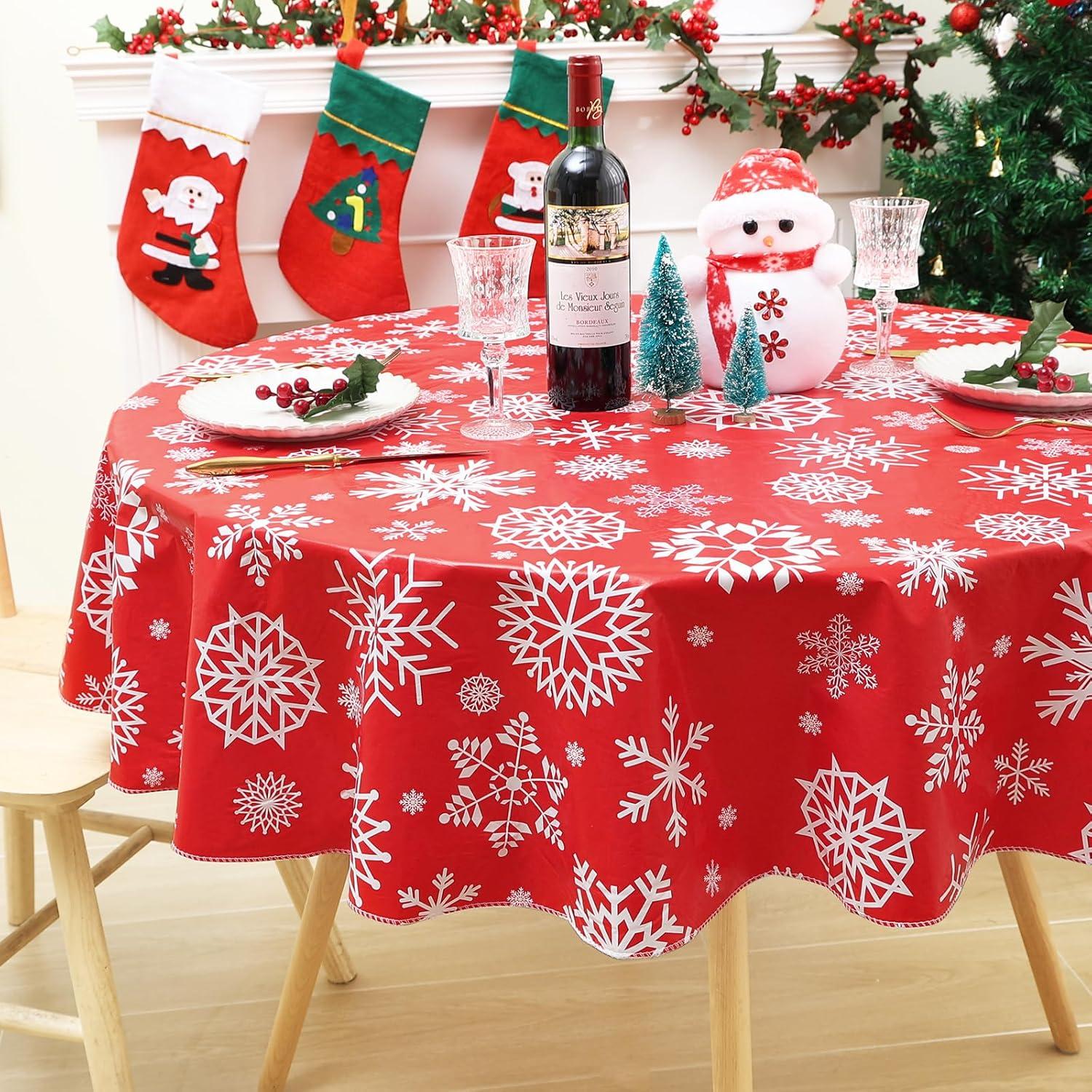 imageSmiry Snowflake Flannel Backed Vinyl Tablecloth Waterproof Round Table Cloth Wipeable Christmas Table Cover for Indoor and Outdoor 60quot Round Red