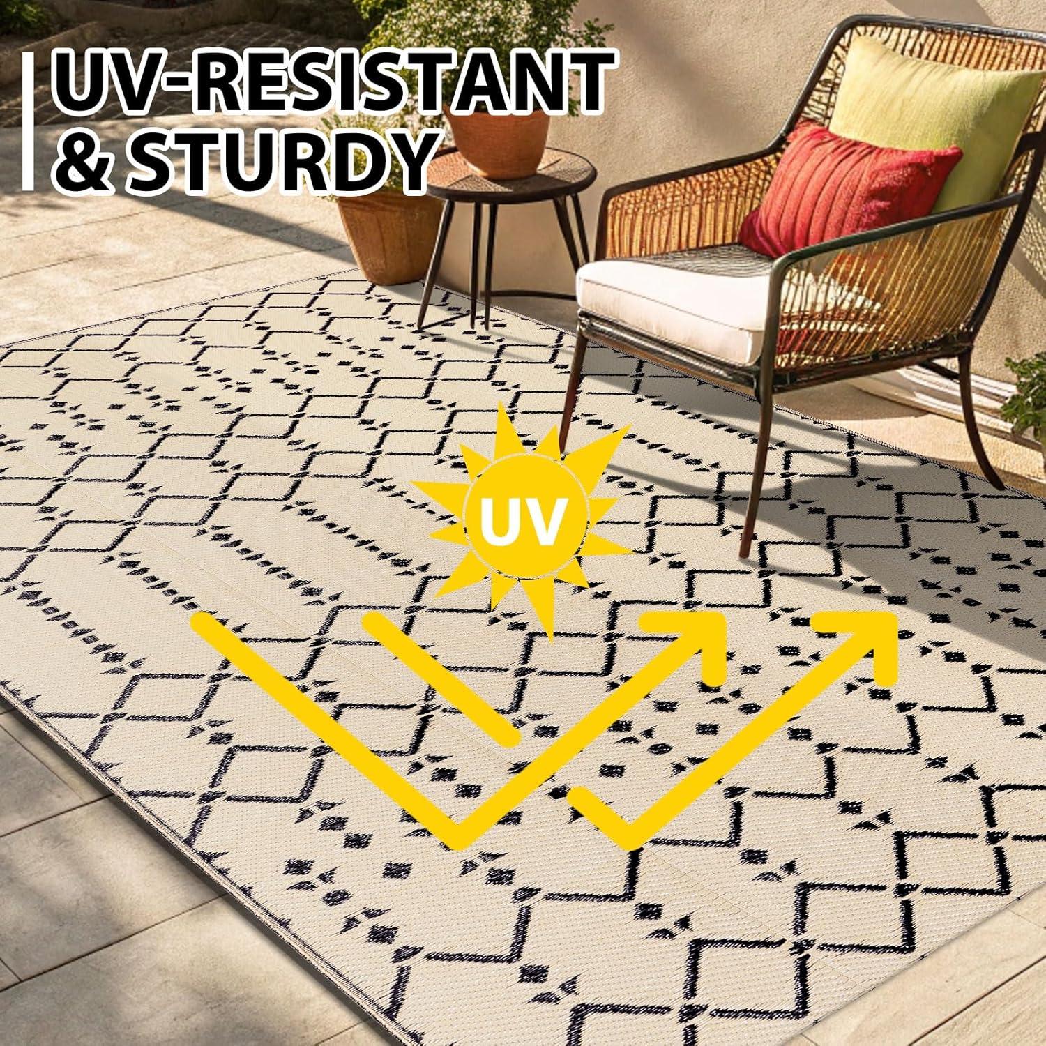 imageSmiry Waterproof Outdoor Rug 5x8 ft Reversible Plastic Straw Patio Camping Rugs Outdoor Indoor RV Mat Carpet for Patio Outside Entry Backyard Deck Bench Picnic Camper White ampamp GreyBeige