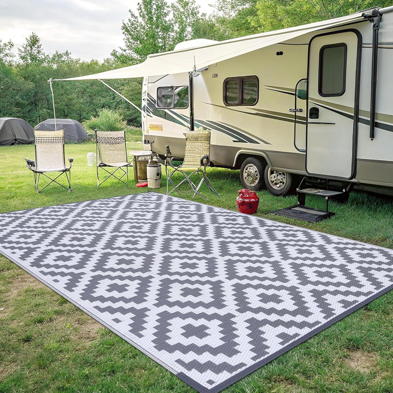 imageSmiry Waterproof Outdoor Rug 5x8 ft Reversible Plastic Straw Patio Camping Rugs Outdoor Indoor RV Mat Carpet for Patio Outside Entry Backyard Deck Bench Picnic Camper White ampamp GreyWhite and Grey