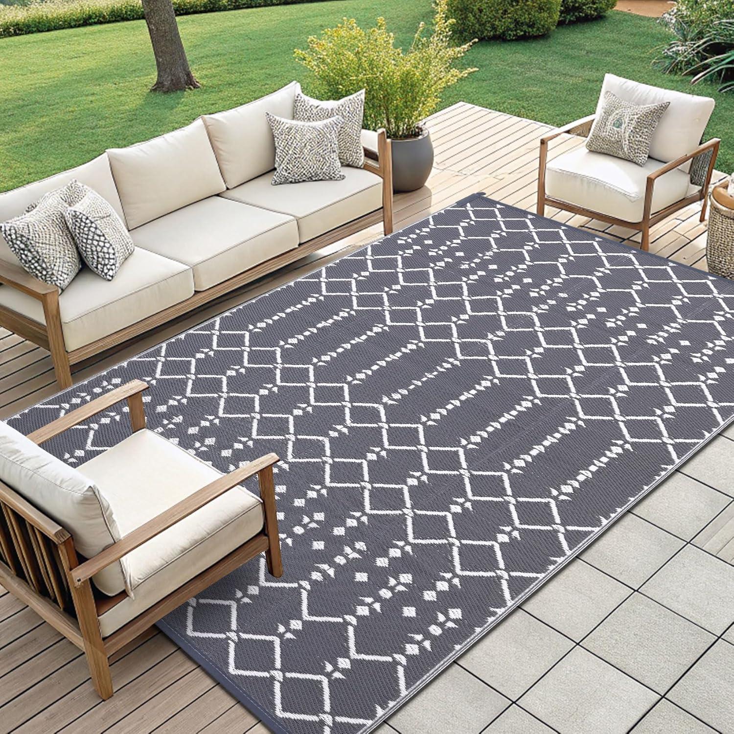 imageSmiry Waterproof Outdoor Rug 5x8 ft Reversible Plastic Straw Patio Camping Rugs Outdoor Indoor RV Mat Carpet for Patio Outside Entry Backyard Deck Bench Picnic Camper White ampamp GreyGrey