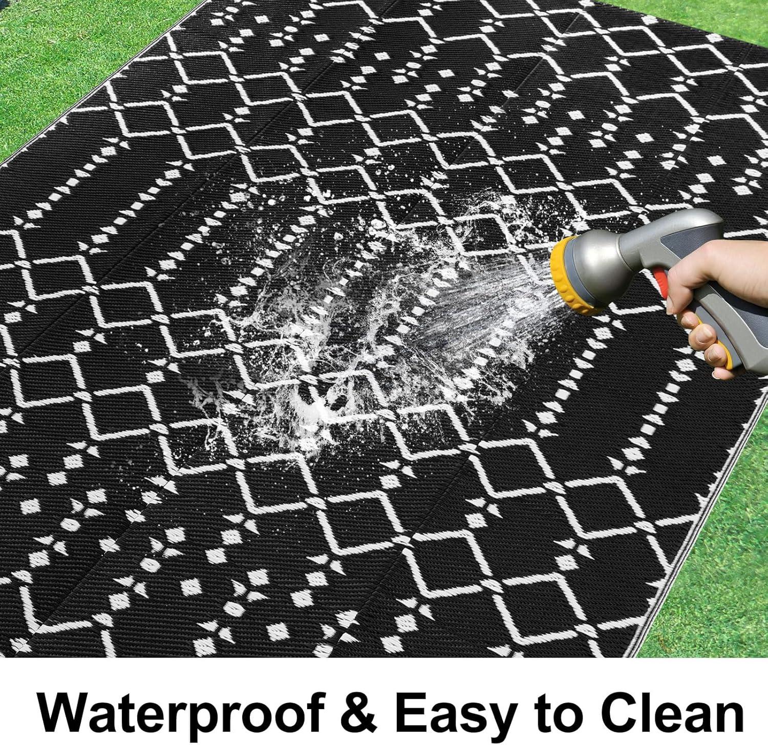 imageSmiry Waterproof Outdoor Rug 5x8 ft Reversible Plastic Straw Patio Camping Rugs Outdoor Indoor RV Mat Carpet for Patio Outside Entry Backyard Deck Bench Picnic Camper White ampamp GreyBlack