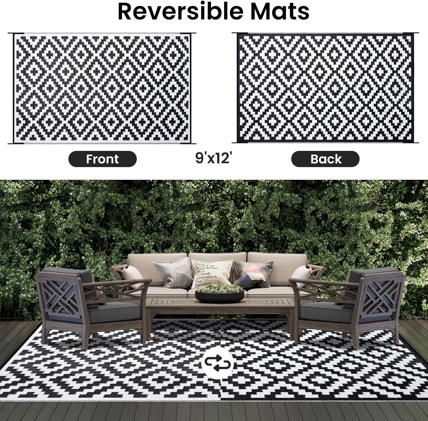 imageSmiry Waterproof Outdoor Rug 5x8 ft Reversible Plastic Straw Patio Camping Rugs Outdoor Indoor RV Mat Carpet for Patio Outside Entry Backyard Deck Bench Picnic Camper White ampamp GreyBlack and White