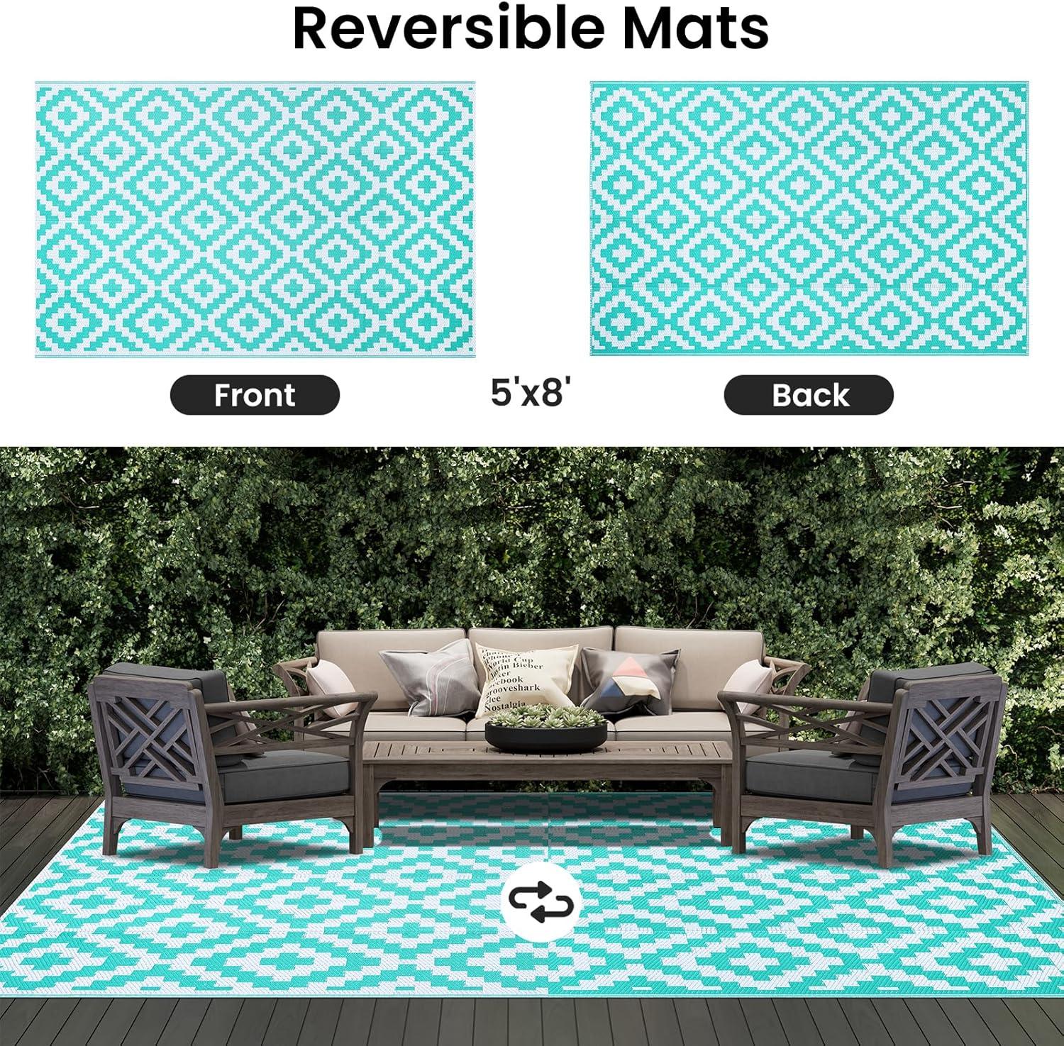 imageSmiry Waterproof Outdoor Rug 5x8 ft Reversible Plastic Straw Patio Camping Rugs Outdoor Indoor RV Mat Carpet for Patio Outside Entry Backyard Deck Bench Picnic Camper White ampamp GreyWhite and Teal