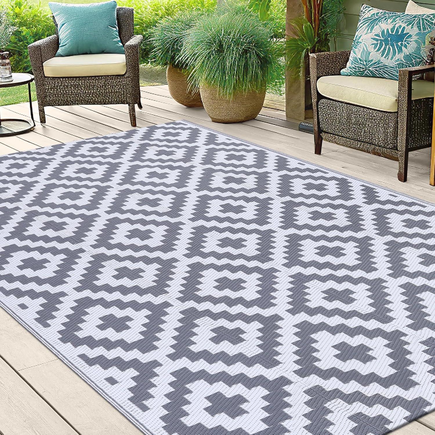 imageSmiry Waterproof Outdoor Rug 5x8 ft Reversible Plastic Straw Patio Camping Rugs Outdoor Indoor RV Mat Carpet for Patio Outside Entry Backyard Deck Bench Picnic Camper White ampamp GreyWhite and Grey