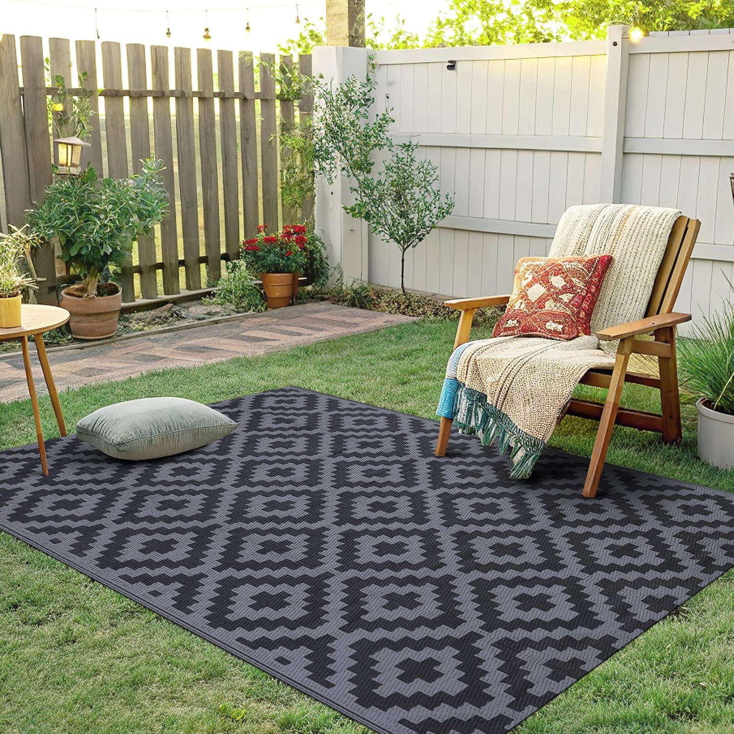 imageSmiry Waterproof Outdoor Rug 5x8 ft Reversible Plastic Straw Patio Camping Rugs Outdoor Indoor RV Mat Carpet for Patio Outside Entry Backyard Deck Bench Picnic Camper White ampamp GreyBlack and Grey