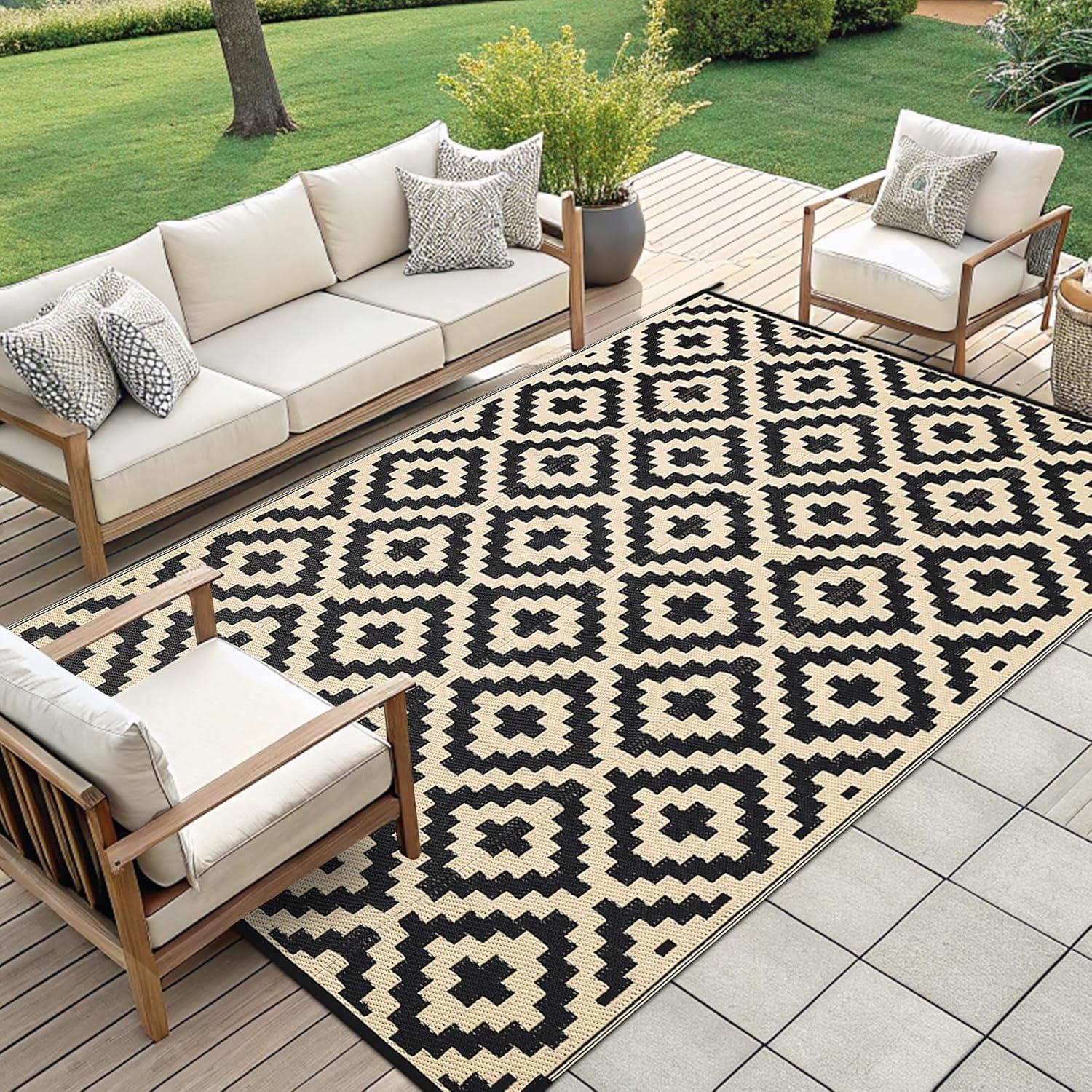 imageSmiry Waterproof Outdoor Rug 5x8 ft Reversible Plastic Straw Patio Camping Rugs Outdoor Indoor RV Mat Carpet for Patio Outside Entry Backyard Deck Bench Picnic Camper White ampamp GreyBlack and Beige