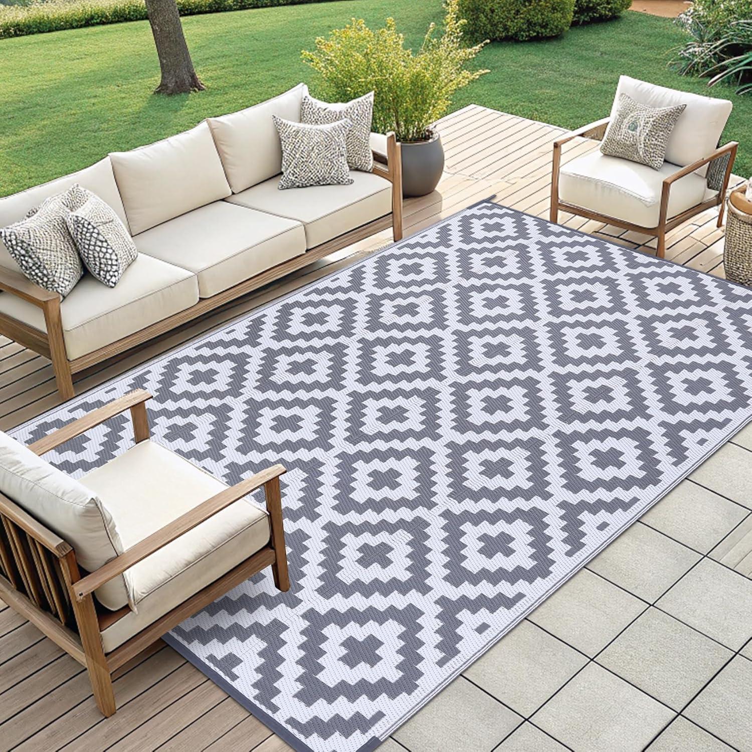 imageSmiry Waterproof Outdoor Rug 5x8 ft Reversible Plastic Straw Patio Camping Rugs Outdoor Indoor RV Mat Carpet for Patio Outside Entry Backyard Deck Bench Picnic Camper White ampamp GreyWhite and Grey