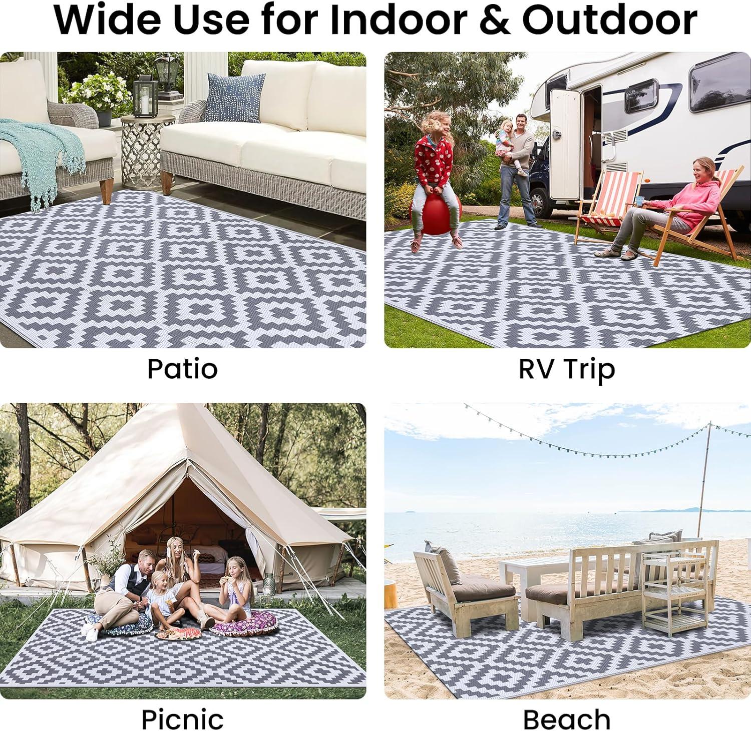 imageSmiry Waterproof Outdoor Rug 5x8 ft Reversible Plastic Straw Patio Camping Rugs Outdoor Indoor RV Mat Carpet for Patio Outside Entry Backyard Deck Bench Picnic Camper White ampamp GreyWhite and Grey