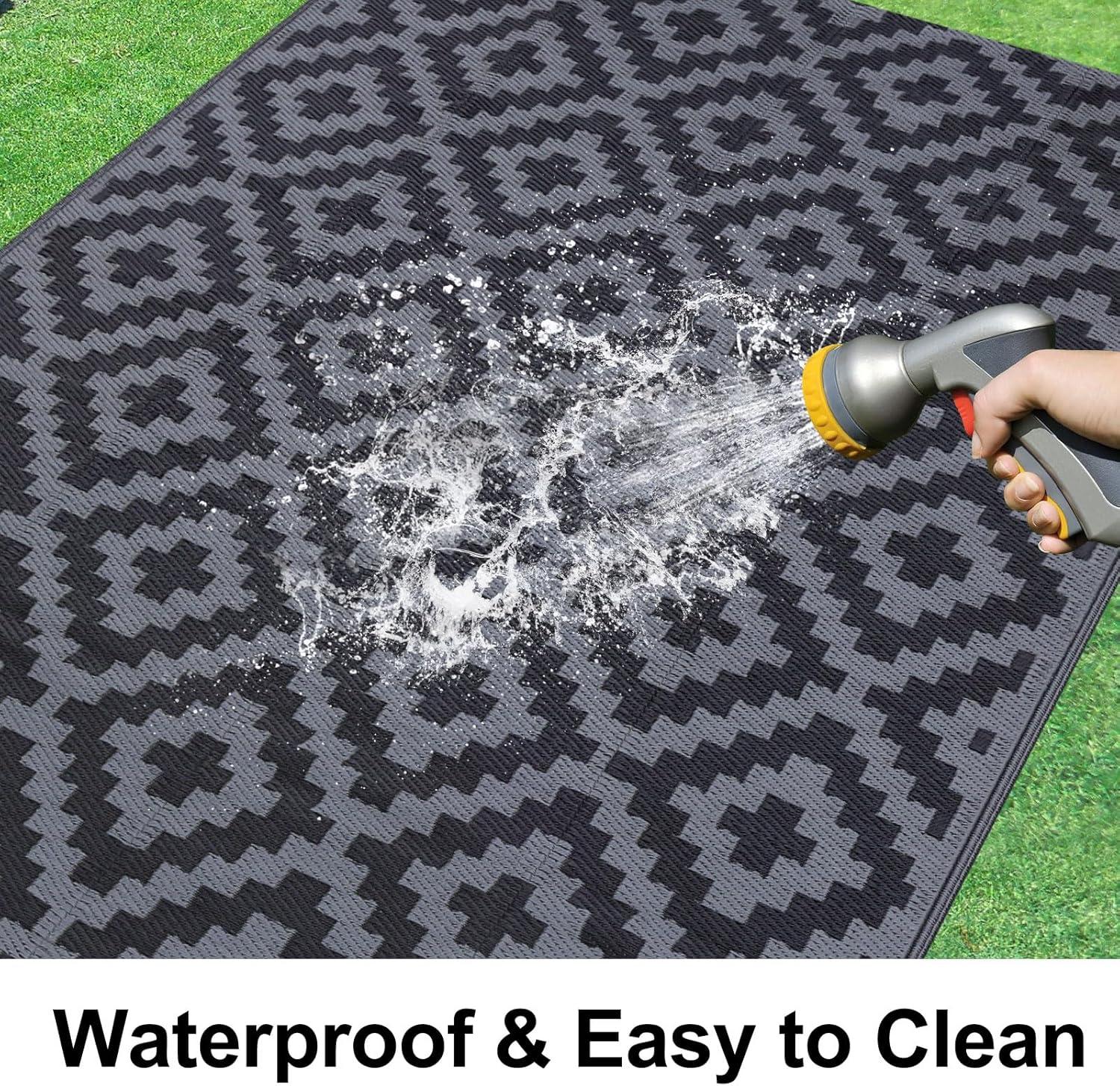imageSmiry Waterproof Outdoor Rug 5x8 ft Reversible Plastic Straw Patio Camping Rugs Outdoor Indoor RV Mat Carpet for Patio Outside Entry Backyard Deck Bench Picnic Camper White ampamp GreyBlack and Grey