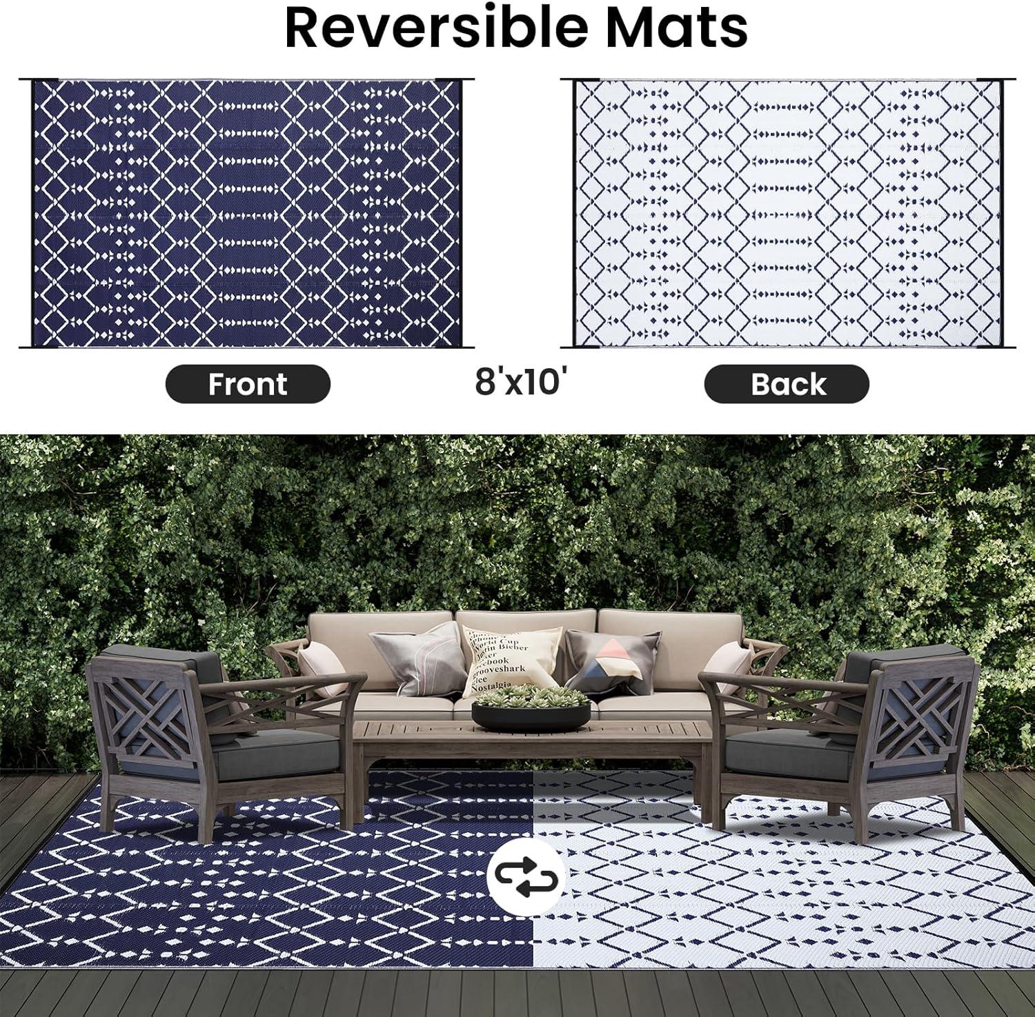 imageSmiry Waterproof Outdoor Rug 5x8 ft Reversible Plastic Straw Patio Camping Rugs Outdoor Indoor RV Mat Carpet for Patio Outside Entry Backyard Deck Bench Picnic Camper White ampamp GreyNavy