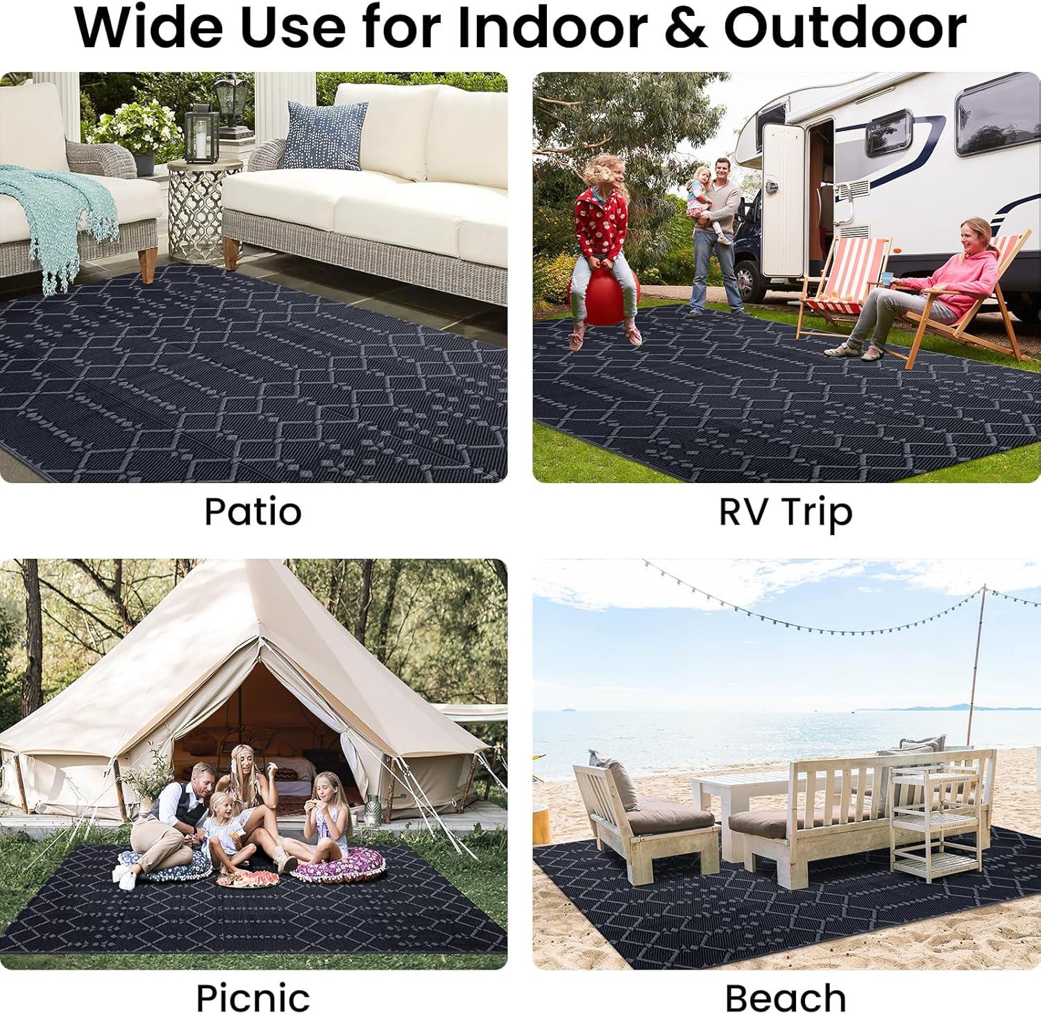 imageSmiry Waterproof Outdoor Rug 5x8 ft Reversible Plastic Straw Patio Camping Rugs Outdoor Indoor RV Mat Carpet for Patio Outside Entry Backyard Deck Bench Picnic Camper White ampamp GreyDark Grey