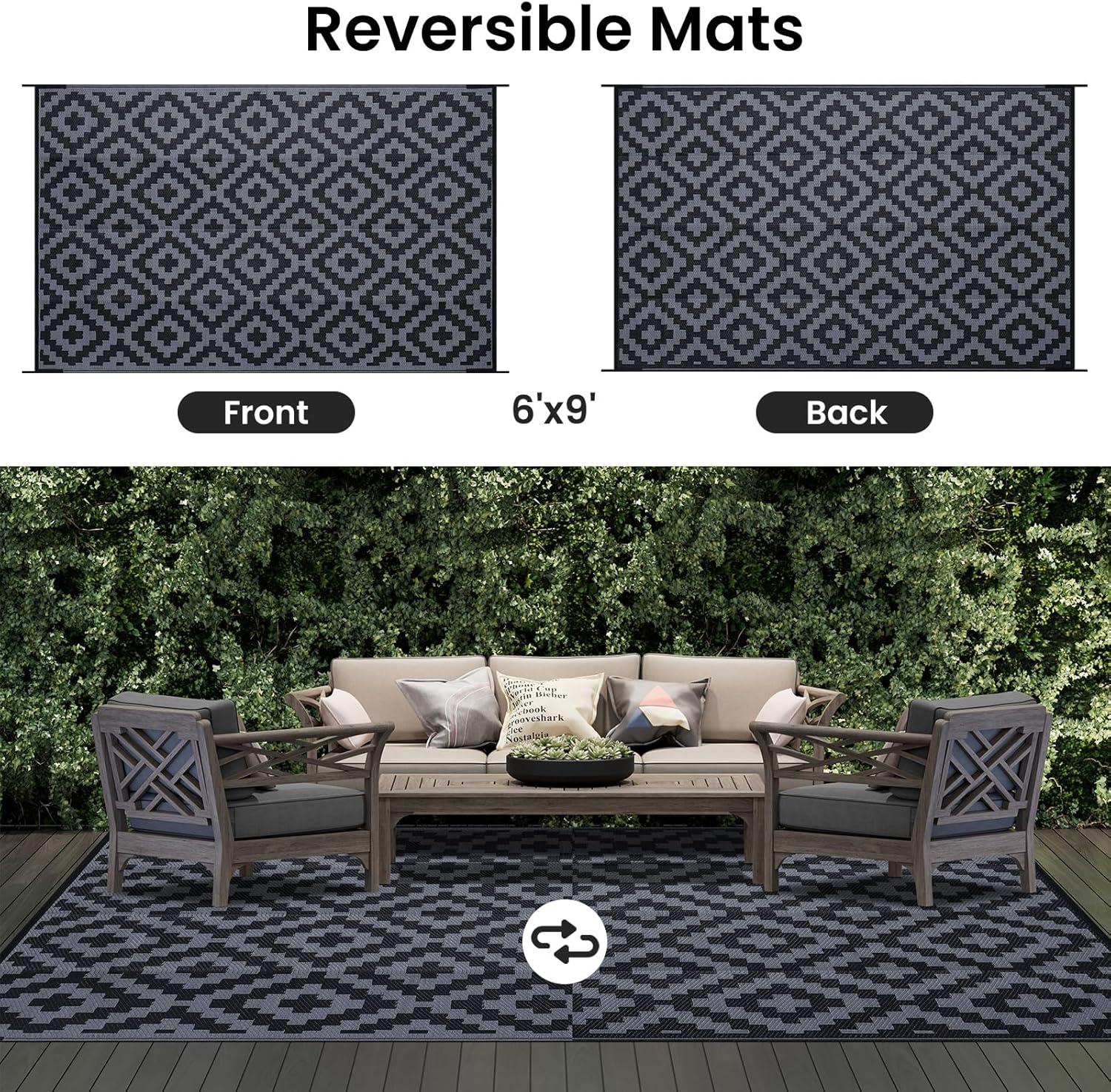 imageSmiry Waterproof Outdoor Rug 5x8 ft Reversible Plastic Straw Patio Camping Rugs Outdoor Indoor RV Mat Carpet for Patio Outside Entry Backyard Deck Bench Picnic Camper White ampamp GreyBlack and Grey