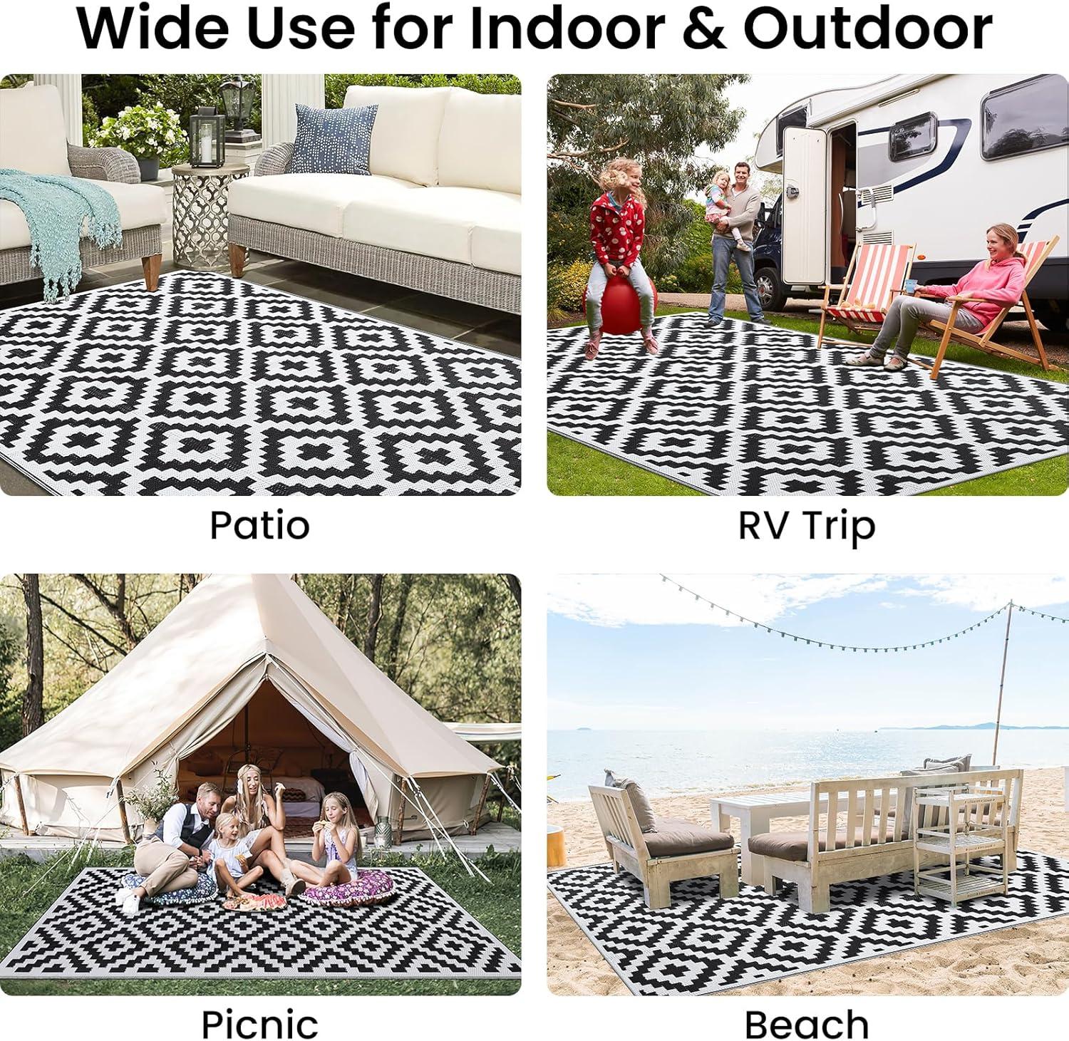 imageSmiry Waterproof Outdoor Rug 5x8 ft Reversible Plastic Straw Patio Camping Rugs Outdoor Indoor RV Mat Carpet for Patio Outside Entry Backyard Deck Bench Picnic Camper White ampamp GreyBlack and White