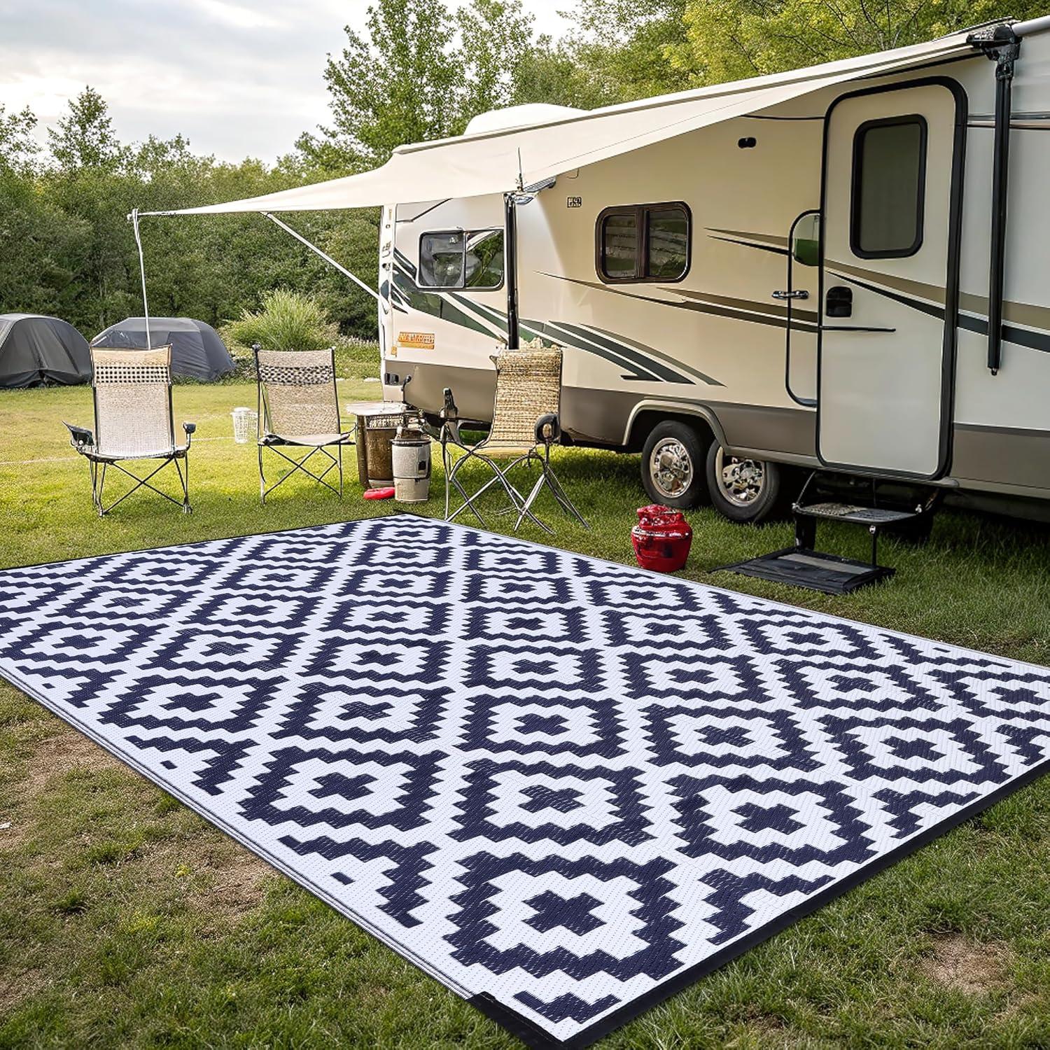 imageSmiry Waterproof Outdoor Rug 5x8 ft Reversible Plastic Straw Patio Camping Rugs Outdoor Indoor RV Mat Carpet for Patio Outside Entry Backyard Deck Bench Picnic Camper White ampamp GreyWhite and Navy