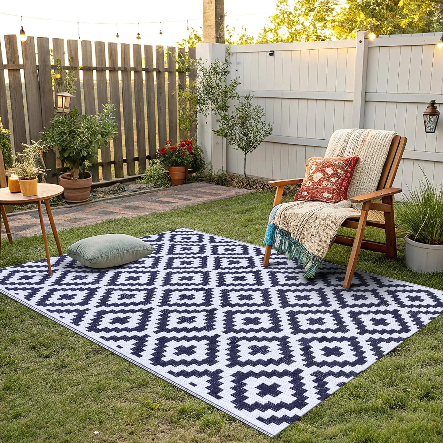 imageSmiry Waterproof Outdoor Rug 5x8 ft Reversible Plastic Straw Patio Camping Rugs Outdoor Indoor RV Mat Carpet for Patio Outside Entry Backyard Deck Bench Picnic Camper White ampamp GreyWhite and Navy