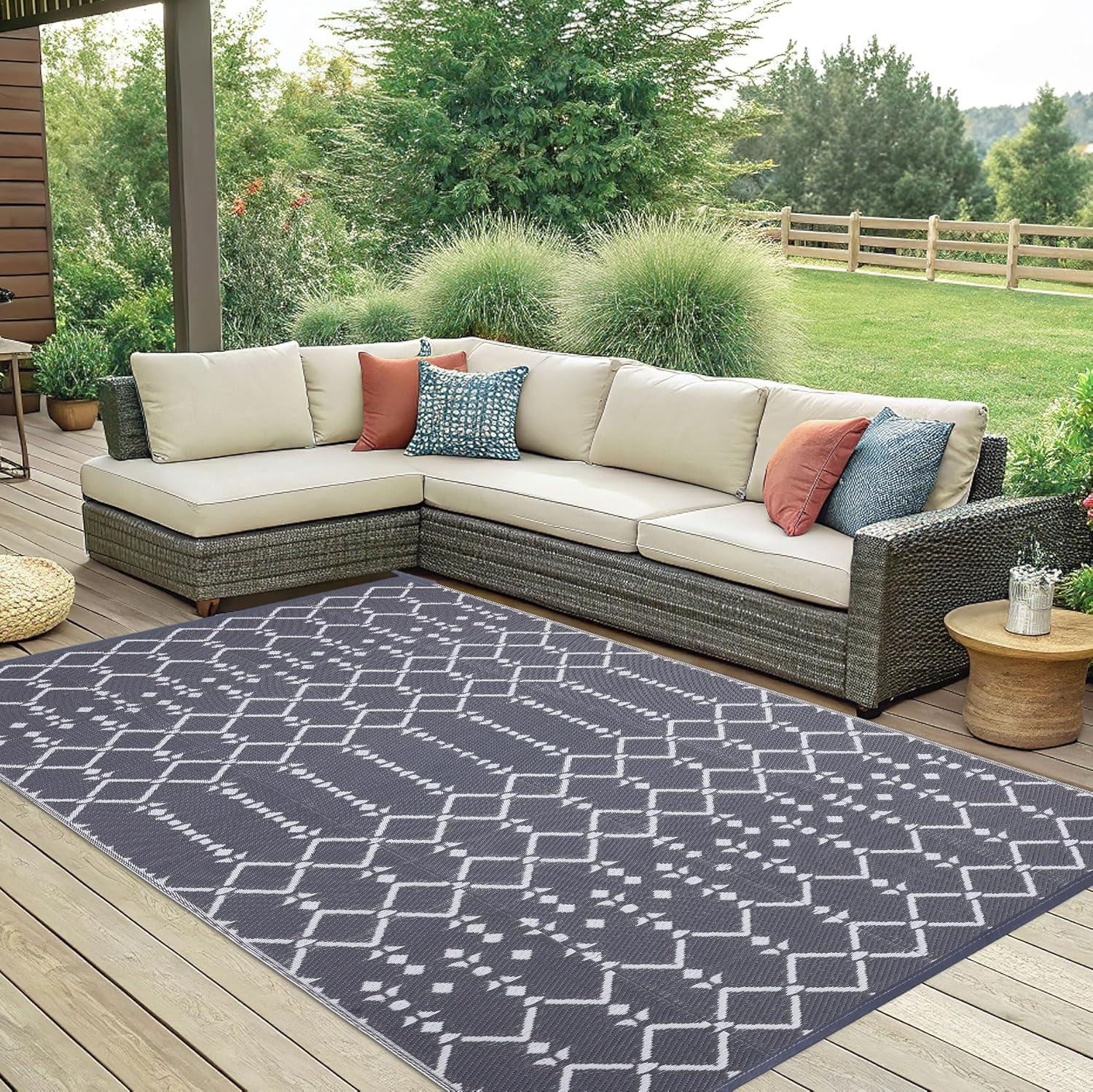 imageSmiry Waterproof Outdoor Rug 5x8 ft Reversible Plastic Straw Patio Camping Rugs Outdoor Indoor RV Mat Carpet for Patio Outside Entry Backyard Deck Bench Picnic Camper White ampamp GreyGrey