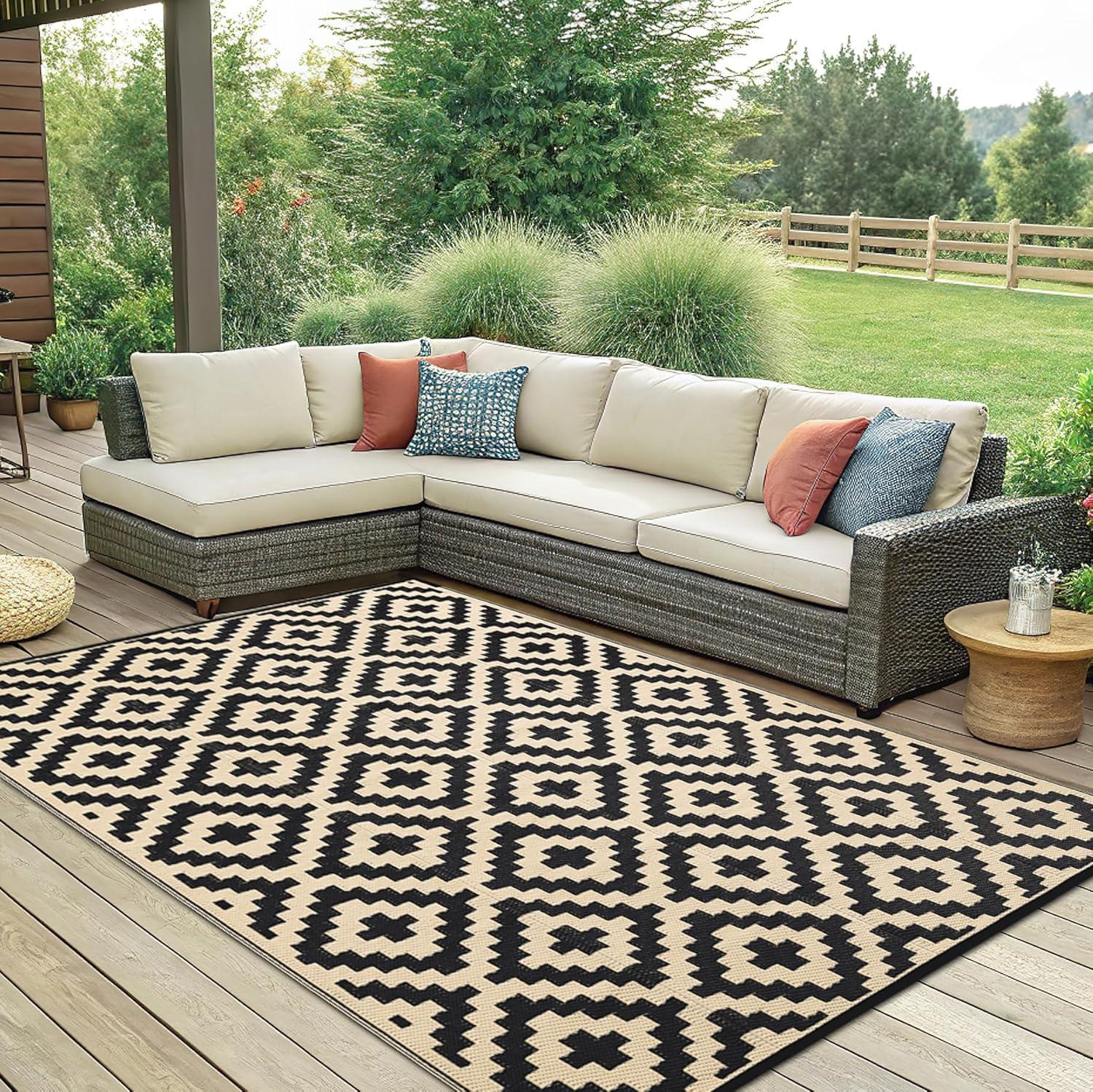 imageSmiry Waterproof Outdoor Rug 5x8 ft Reversible Plastic Straw Patio Camping Rugs Outdoor Indoor RV Mat Carpet for Patio Outside Entry Backyard Deck Bench Picnic Camper White ampamp GreyBlack and Beige