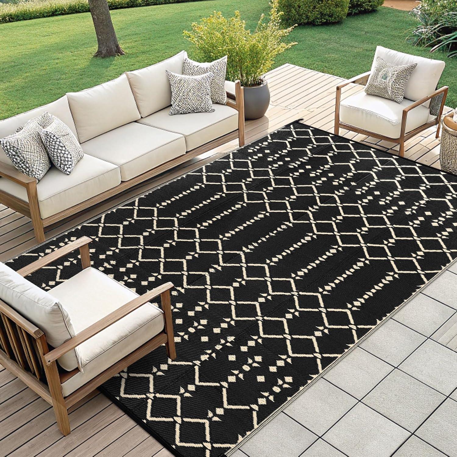 imageSmiry Waterproof Outdoor Rug 5x8 ft Reversible Plastic Straw Patio Camping Rugs Outdoor Indoor RV Mat Carpet for Patio Outside Entry Backyard Deck Bench Picnic Camper White ampamp GreyBeige