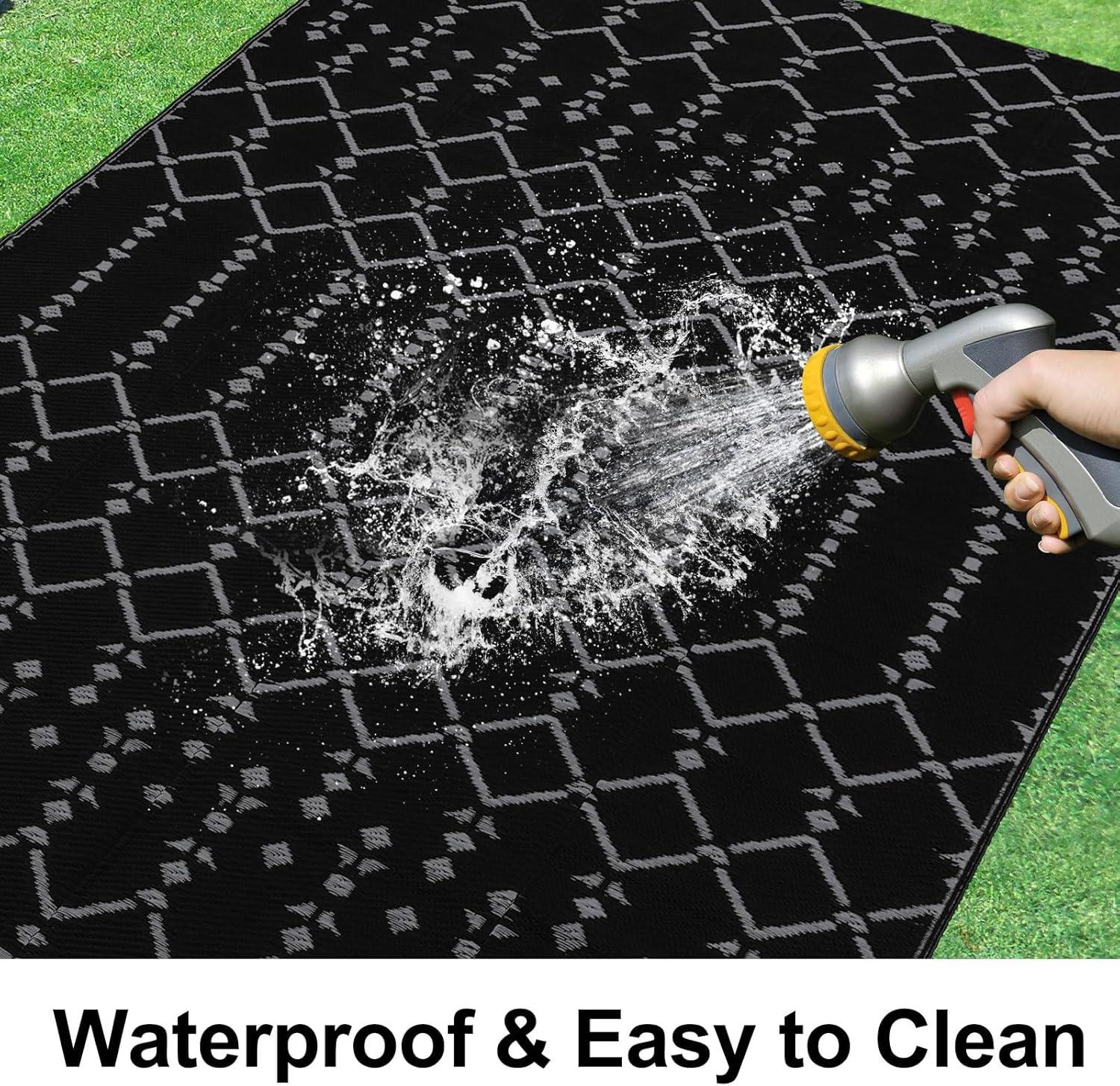 imageSmiry Waterproof Outdoor Rug 5x8 ft Reversible Plastic Straw Patio Camping Rugs Outdoor Indoor RV Mat Carpet for Patio Outside Entry Backyard Deck Bench Picnic Camper White ampamp GreyDark Grey