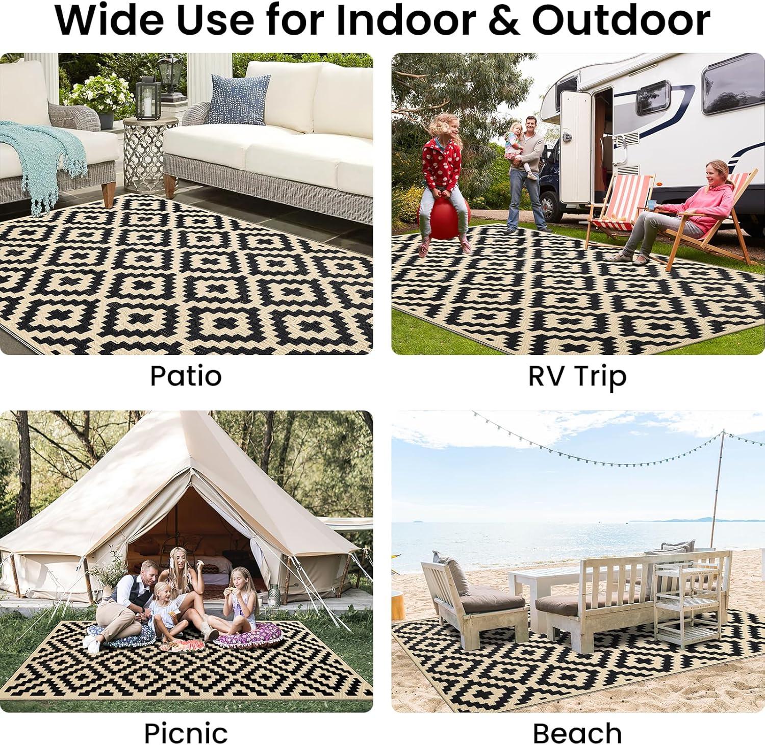 imageSmiry Waterproof Outdoor Rug 5x8 ft Reversible Plastic Straw Patio Camping Rugs Outdoor Indoor RV Mat Carpet for Patio Outside Entry Backyard Deck Bench Picnic Camper White ampamp GreyBlack and White