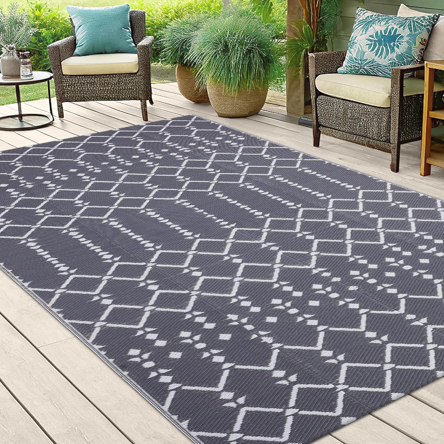imageSmiry Waterproof Outdoor Rug 5x8 ft Reversible Plastic Straw Patio Camping Rugs Outdoor Indoor RV Mat Carpet for Patio Outside Entry Backyard Deck Bench Picnic Camper White ampamp GreyGrey