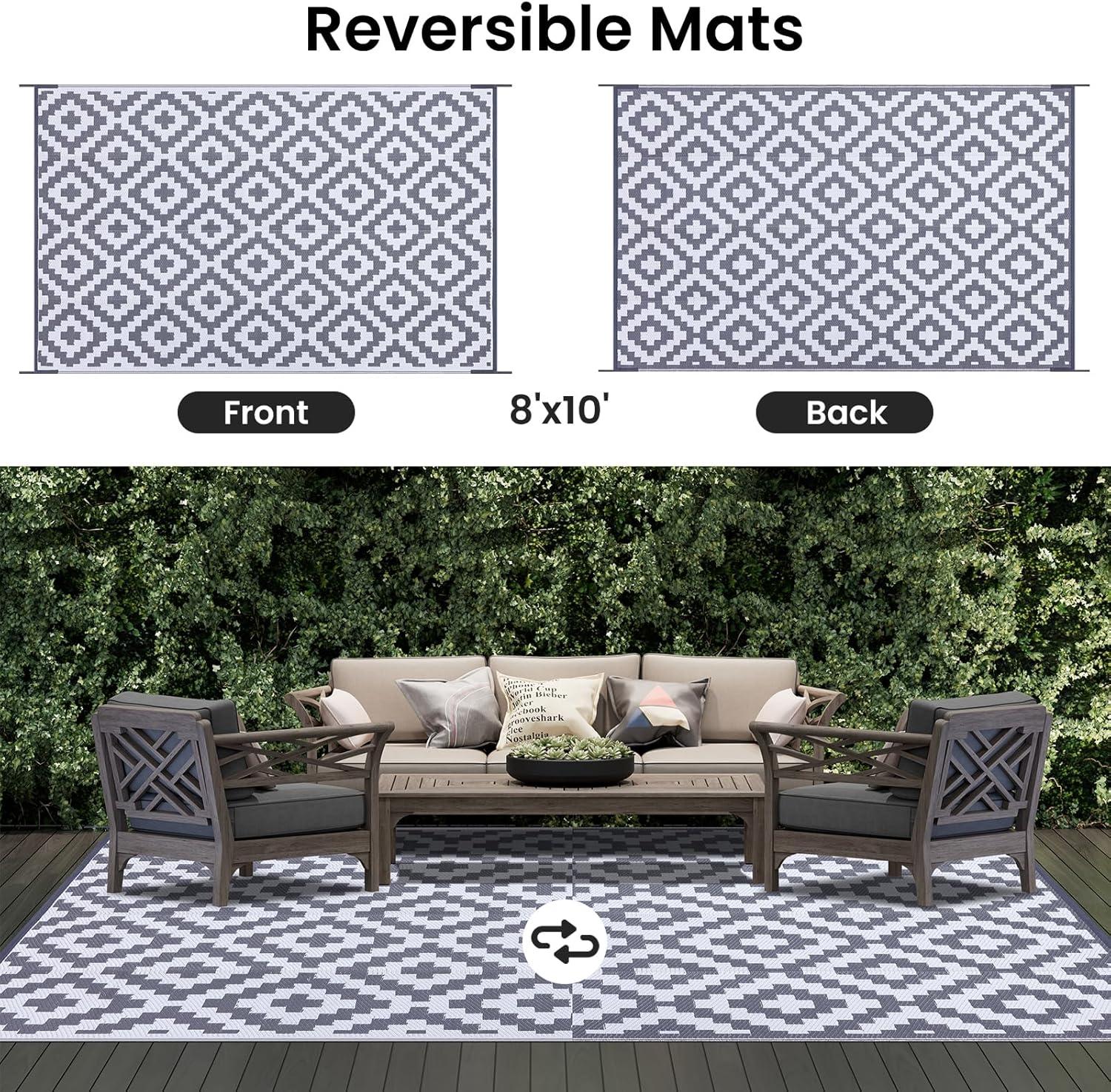 imageSmiry Waterproof Outdoor Rug 5x8 ft Reversible Plastic Straw Patio Camping Rugs Outdoor Indoor RV Mat Carpet for Patio Outside Entry Backyard Deck Bench Picnic Camper White ampamp GreyWhite and Grey