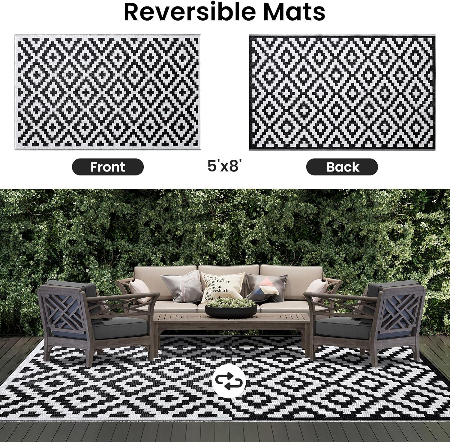 imageSmiry Waterproof Outdoor Rug 5x8 ft Reversible Plastic Straw Patio Camping Rugs Outdoor Indoor RV Mat Carpet for Patio Outside Entry Backyard Deck Bench Picnic Camper White ampamp GreyBlack and White