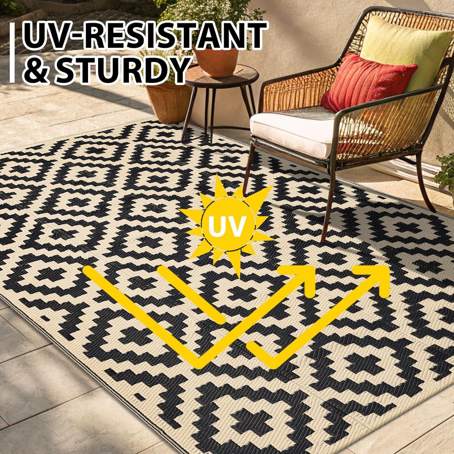 imageSmiry Waterproof Outdoor Rug 5x8 ft Reversible Plastic Straw Patio Camping Rugs Outdoor Indoor RV Mat Carpet for Patio Outside Entry Backyard Deck Bench Picnic Camper White ampamp GreyBlack and Beige