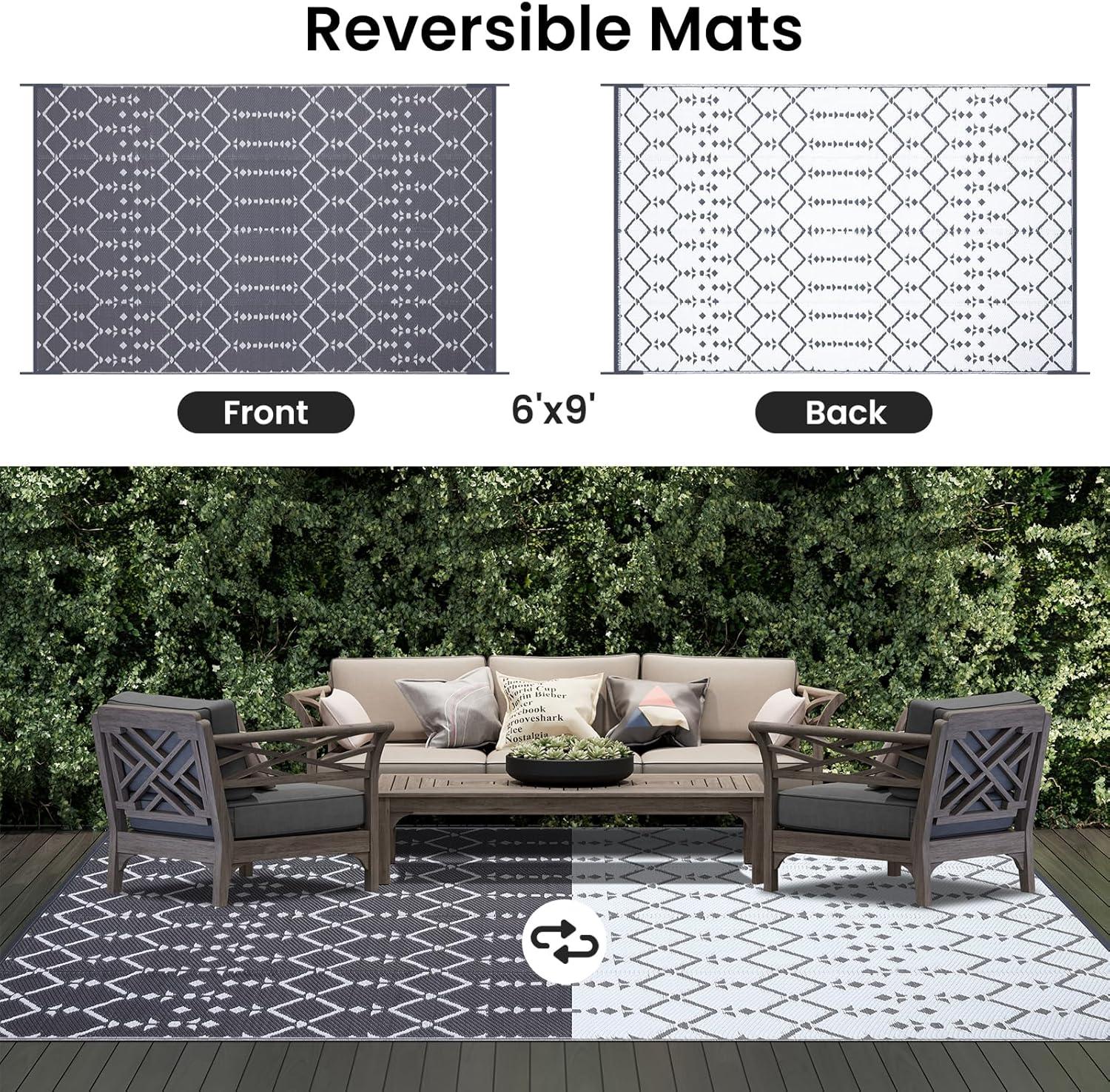 imageSmiry Waterproof Outdoor Rug 5x8 ft Reversible Plastic Straw Patio Camping Rugs Outdoor Indoor RV Mat Carpet for Patio Outside Entry Backyard Deck Bench Picnic Camper White ampamp GreyGrey