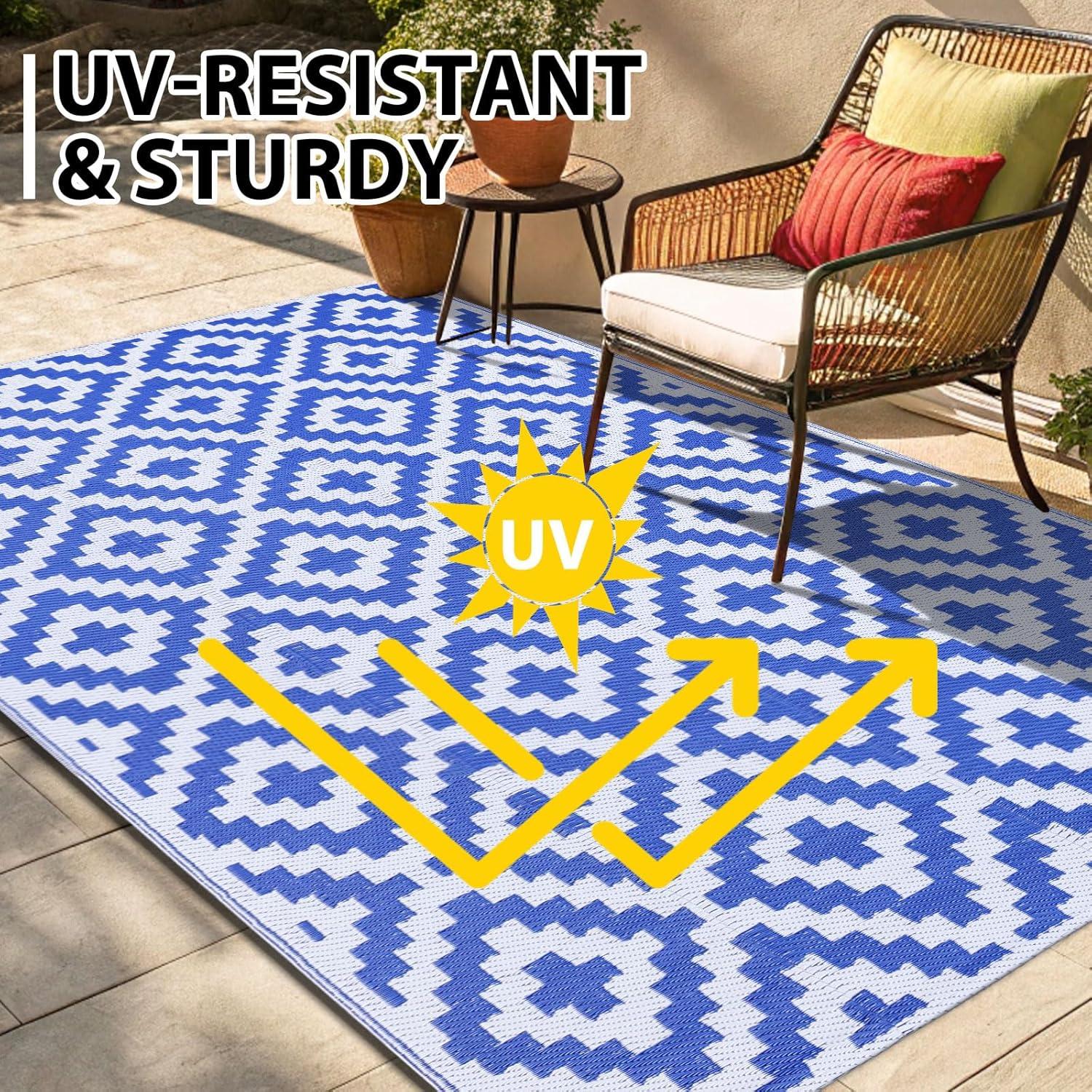 imageSmiry Waterproof Outdoor Rug 5x8 ft Reversible Plastic Straw Patio Camping Rugs Outdoor Indoor RV Mat Carpet for Patio Outside Entry Backyard Deck Bench Picnic Camper White ampamp GreyWhite and Blue