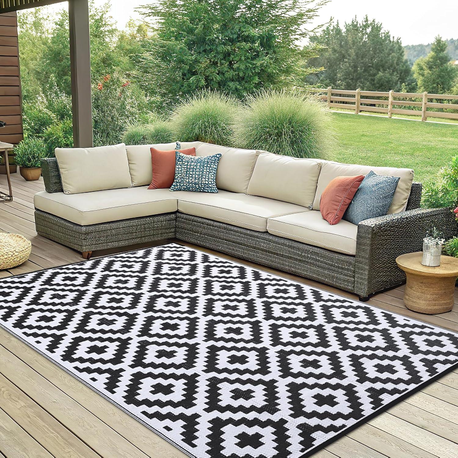 imageSmiry Waterproof Outdoor Rug 5x8 ft Reversible Plastic Straw Patio Camping Rugs Outdoor Indoor RV Mat Carpet for Patio Outside Entry Backyard Deck Bench Picnic Camper White ampamp GreyBlack and White
