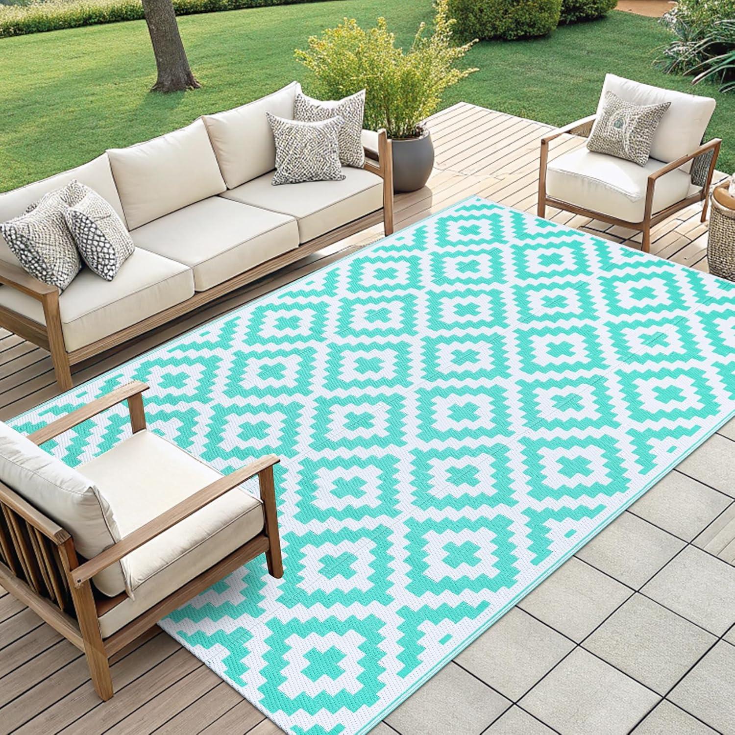 imageSmiry Waterproof Outdoor Rug 5x8 ft Reversible Plastic Straw Patio Camping Rugs Outdoor Indoor RV Mat Carpet for Patio Outside Entry Backyard Deck Bench Picnic Camper White ampamp GreyWhite and Teal
