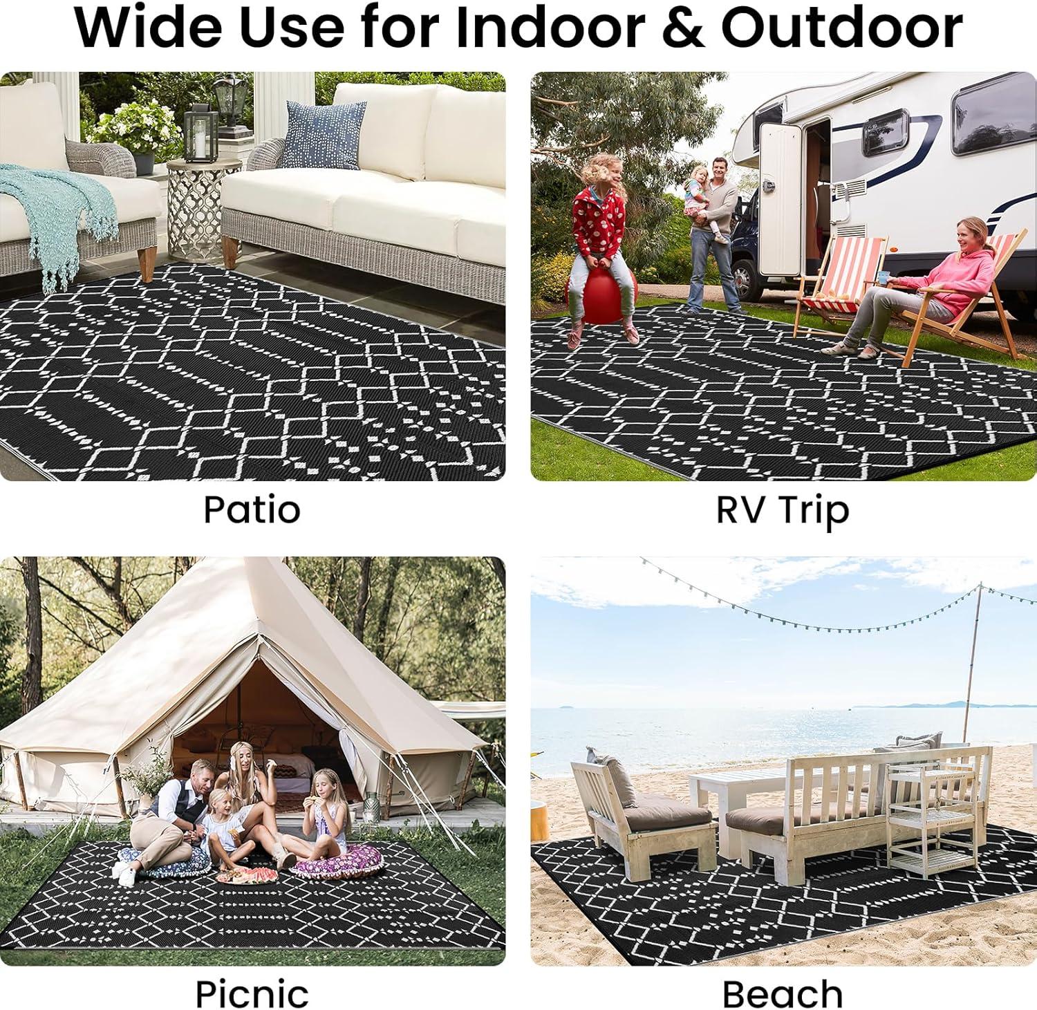 imageSmiry Waterproof Outdoor Rug 5x8 ft Reversible Plastic Straw Patio Camping Rugs Outdoor Indoor RV Mat Carpet for Patio Outside Entry Backyard Deck Bench Picnic Camper White ampamp GreyBlack