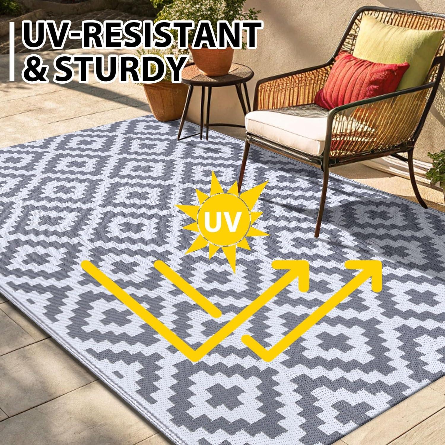 imageSmiry Waterproof Outdoor Rug 5x8 ft Reversible Plastic Straw Patio Camping Rugs Outdoor Indoor RV Mat Carpet for Patio Outside Entry Backyard Deck Bench Picnic Camper White ampamp GreyWhite and Grey