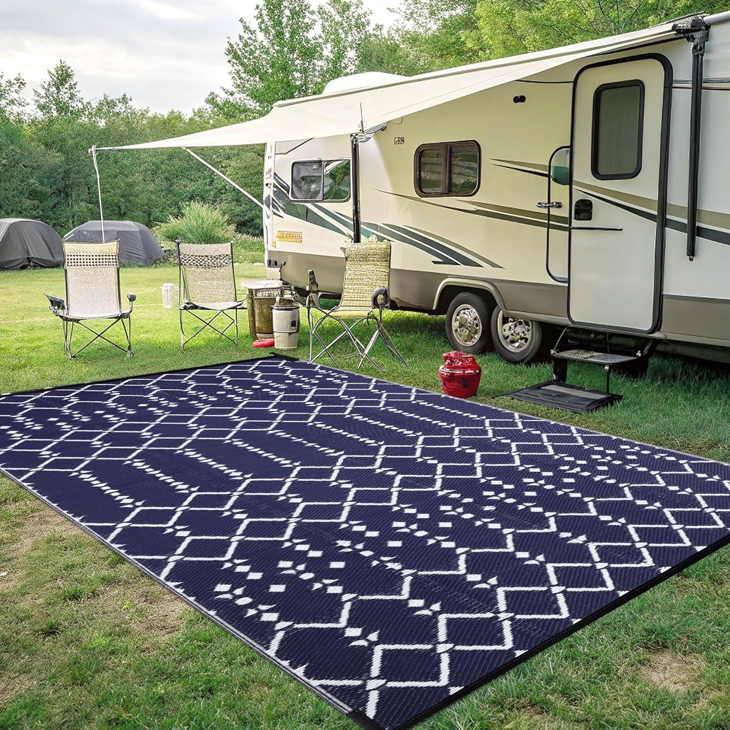 imageSmiry Waterproof Outdoor Rug 5x8 ft Reversible Plastic Straw Patio Camping Rugs Outdoor Indoor RV Mat Carpet for Patio Outside Entry Backyard Deck Bench Picnic Camper White ampamp GreyNavy