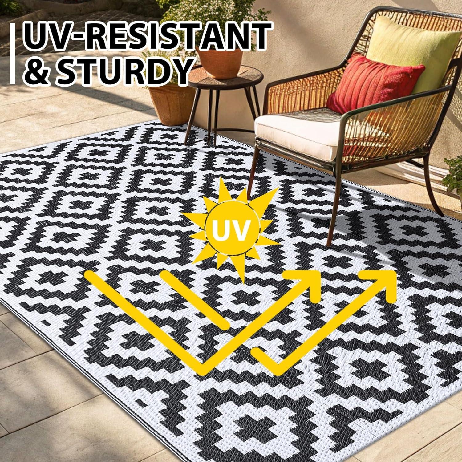 imageSmiry Waterproof Outdoor Rug 5x8 ft Reversible Plastic Straw Patio Camping Rugs Outdoor Indoor RV Mat Carpet for Patio Outside Entry Backyard Deck Bench Picnic Camper White ampamp GreyBlack and White