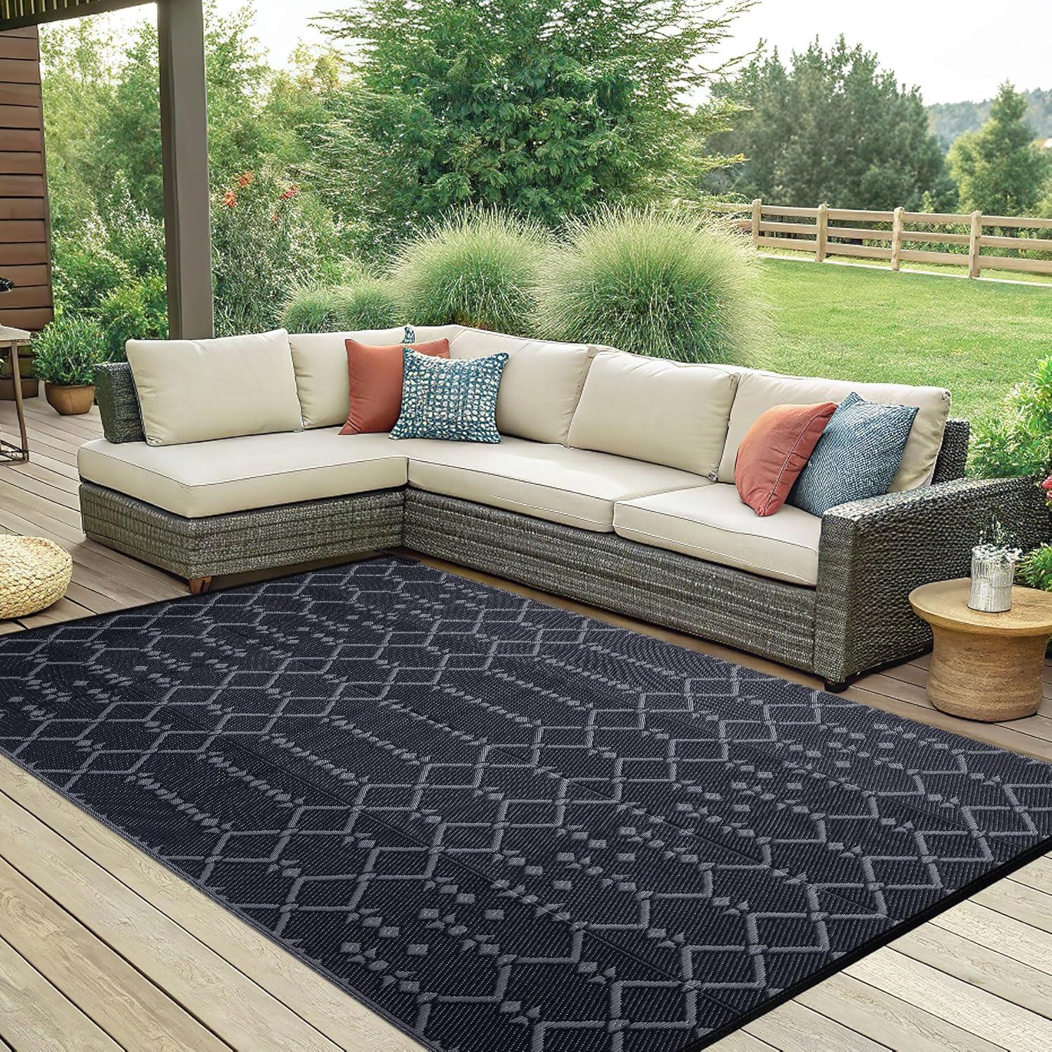 imageSmiry Waterproof Outdoor Rug 5x8 ft Reversible Plastic Straw Patio Camping Rugs Outdoor Indoor RV Mat Carpet for Patio Outside Entry Backyard Deck Bench Picnic Camper White ampamp GreyDark Grey
