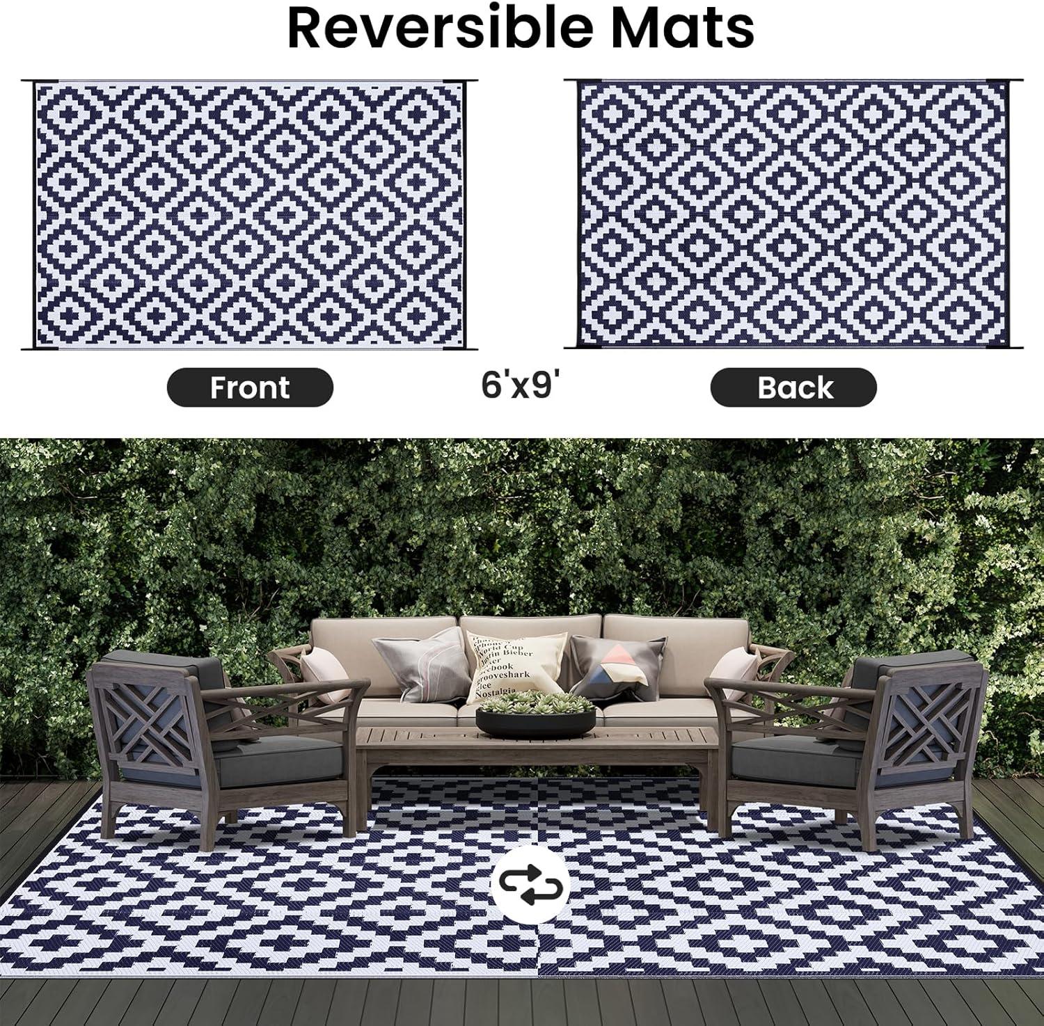 imageSmiry Waterproof Outdoor Rug 5x8 ft Reversible Plastic Straw Patio Camping Rugs Outdoor Indoor RV Mat Carpet for Patio Outside Entry Backyard Deck Bench Picnic Camper White ampamp GreyWhite and Navy