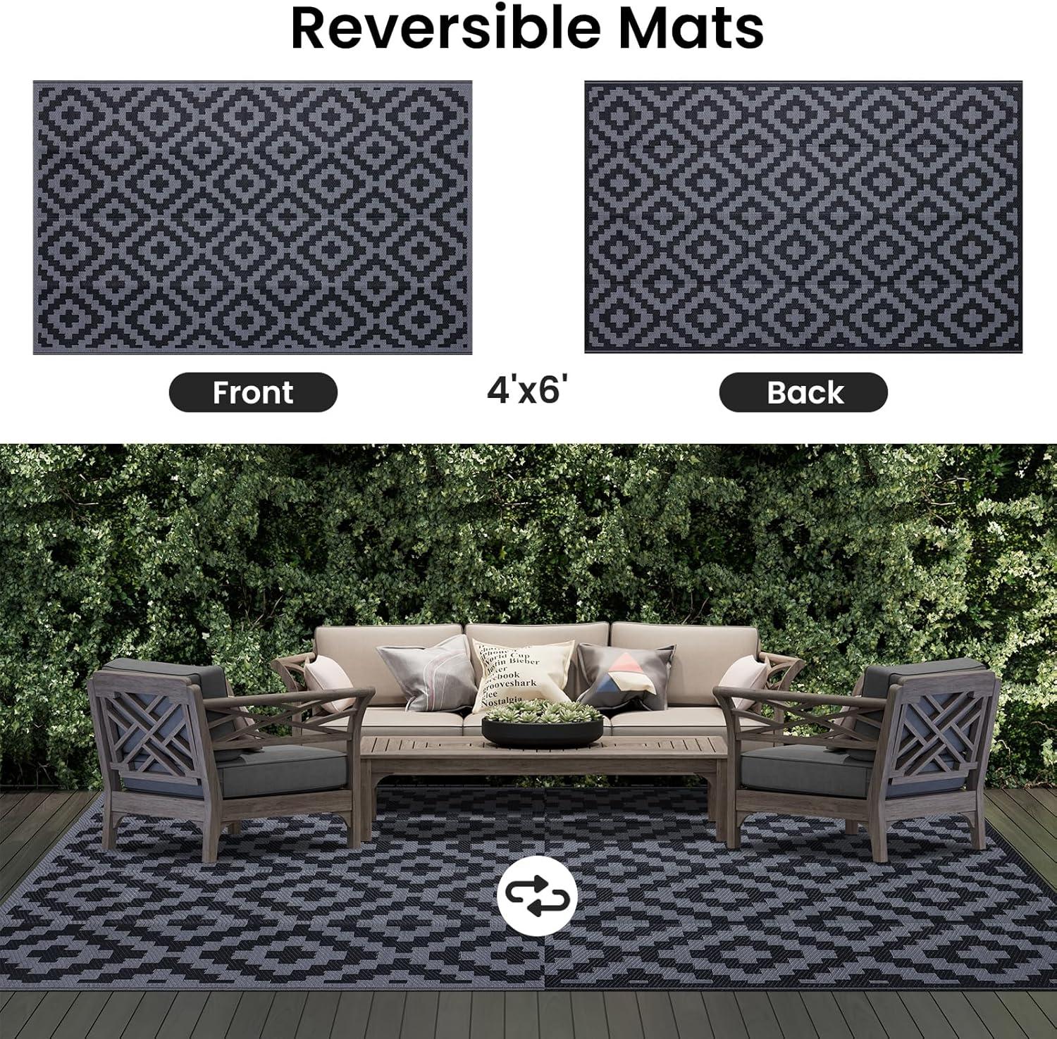 imageSmiry Waterproof Outdoor Rug 5x8 ft Reversible Plastic Straw Patio Camping Rugs Outdoor Indoor RV Mat Carpet for Patio Outside Entry Backyard Deck Bench Picnic Camper White ampamp GreyBlack and Grey