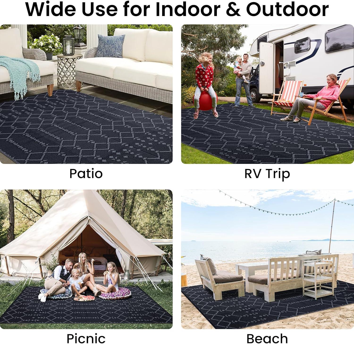 imageSmiry Waterproof Outdoor Rug 5x8 ft Reversible Plastic Straw Patio Camping Rugs Outdoor Indoor RV Mat Carpet for Patio Outside Entry Backyard Deck Bench Picnic Camper White ampamp GreyDark Grey