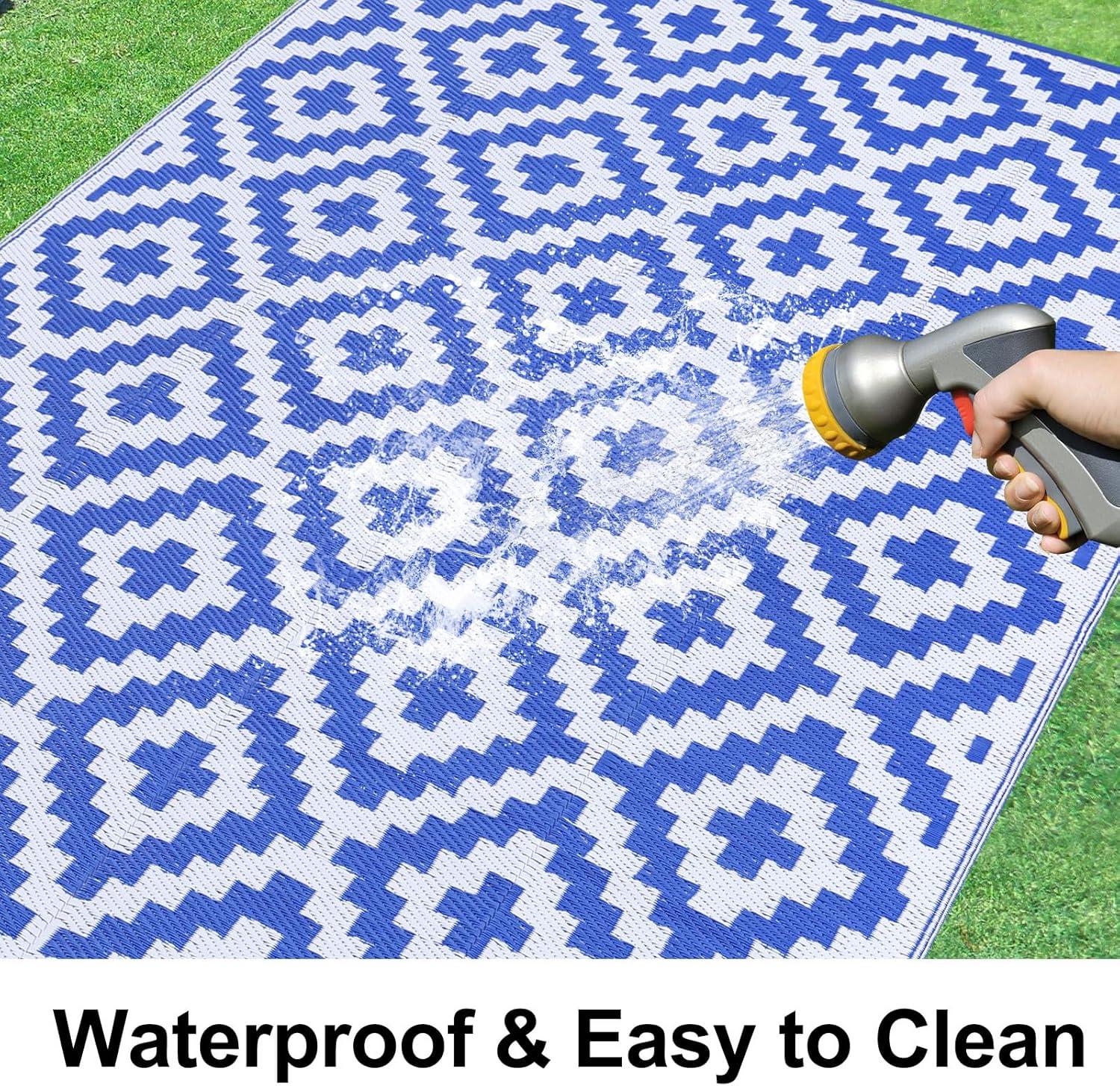 imageSmiry Waterproof Outdoor Rug 5x8 ft Reversible Plastic Straw Patio Camping Rugs Outdoor Indoor RV Mat Carpet for Patio Outside Entry Backyard Deck Bench Picnic Camper White ampamp GreyWhite and Blue