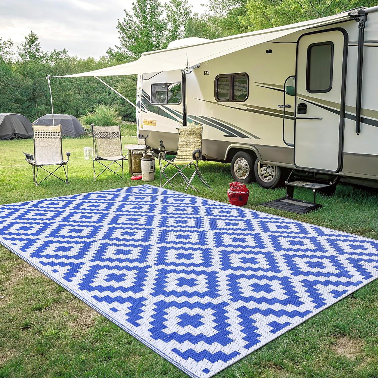 imageSmiry Waterproof Outdoor Rug 5x8 ft Reversible Plastic Straw Patio Camping Rugs Outdoor Indoor RV Mat Carpet for Patio Outside Entry Backyard Deck Bench Picnic Camper White ampamp GreyWhite and Blue