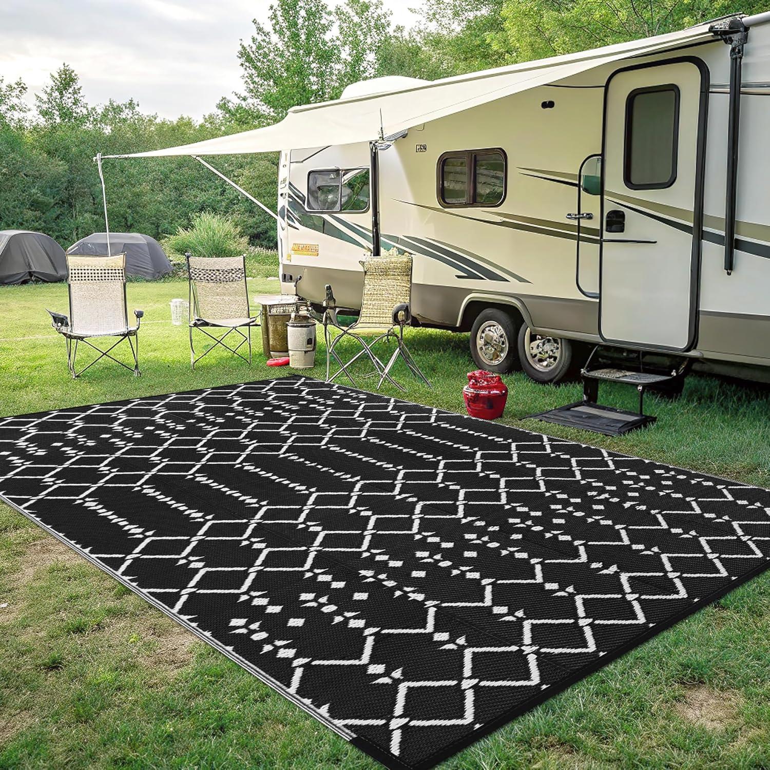 imageSmiry Waterproof Outdoor Rug 5x8 ft Reversible Plastic Straw Patio Camping Rugs Outdoor Indoor RV Mat Carpet for Patio Outside Entry Backyard Deck Bench Picnic Camper White ampamp GreyBlack