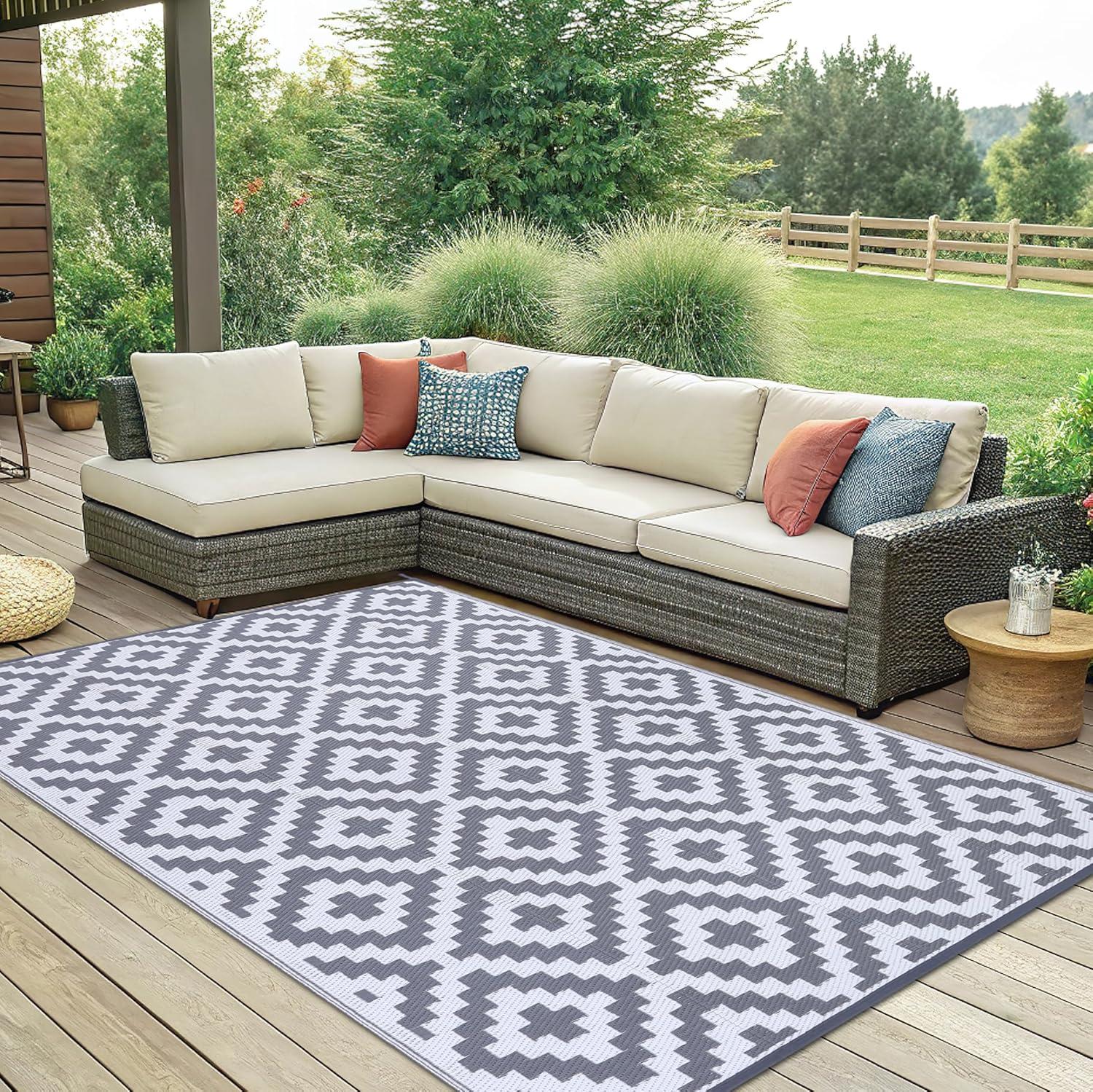 imageSmiry Waterproof Outdoor Rug 5x8 ft Reversible Plastic Straw Patio Camping Rugs Outdoor Indoor RV Mat Carpet for Patio Outside Entry Backyard Deck Bench Picnic Camper White ampamp GreyWhite and Grey