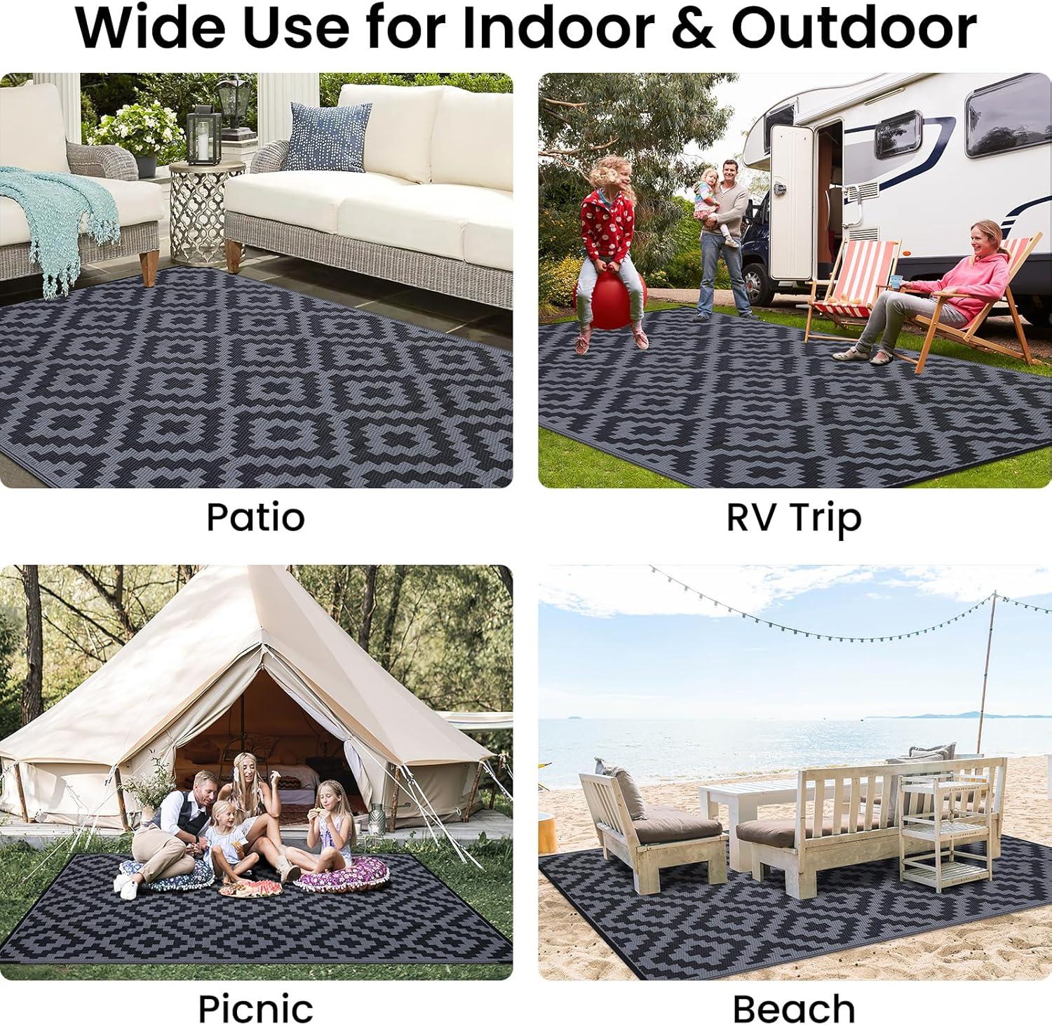 imageSmiry Waterproof Outdoor Rug 5x8 ft Reversible Plastic Straw Patio Camping Rugs Outdoor Indoor RV Mat Carpet for Patio Outside Entry Backyard Deck Bench Picnic Camper White ampamp GreyBlack and Grey