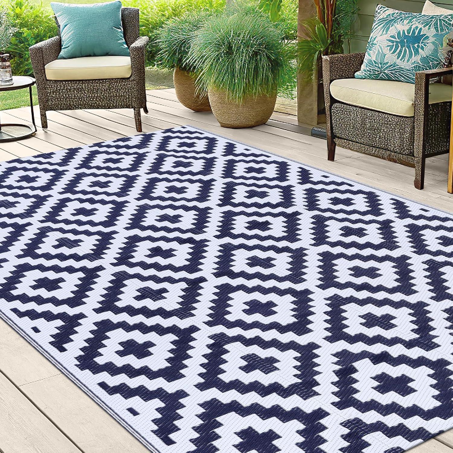 imageSmiry Waterproof Outdoor Rug 5x8 ft Reversible Plastic Straw Patio Camping Rugs Outdoor Indoor RV Mat Carpet for Patio Outside Entry Backyard Deck Bench Picnic Camper White ampamp GreyWhite and Navy