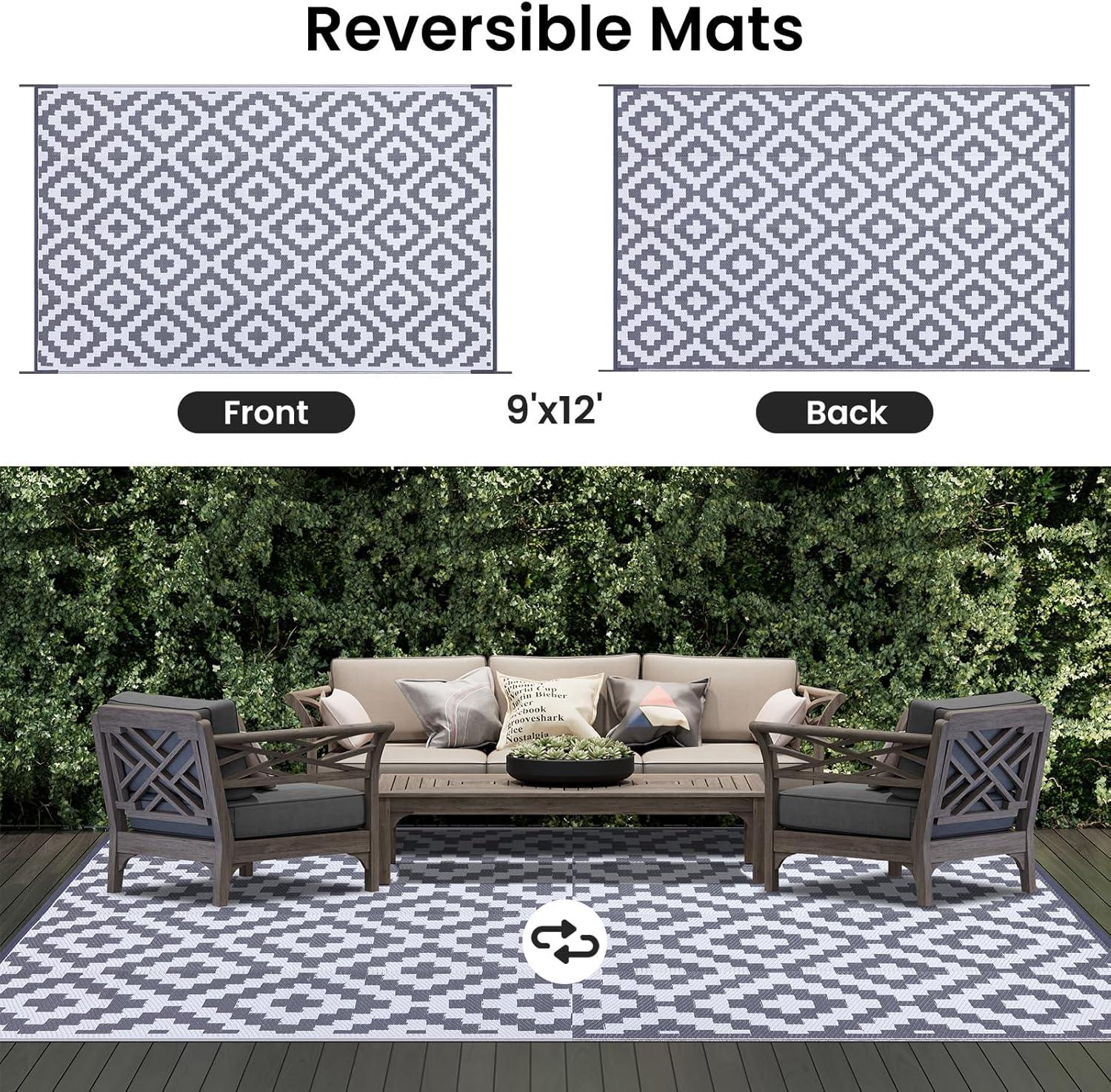 imageSmiry Waterproof Outdoor Rug 5x8 ft Reversible Plastic Straw Patio Camping Rugs Outdoor Indoor RV Mat Carpet for Patio Outside Entry Backyard Deck Bench Picnic Camper White ampamp GreyWhite and Grey
