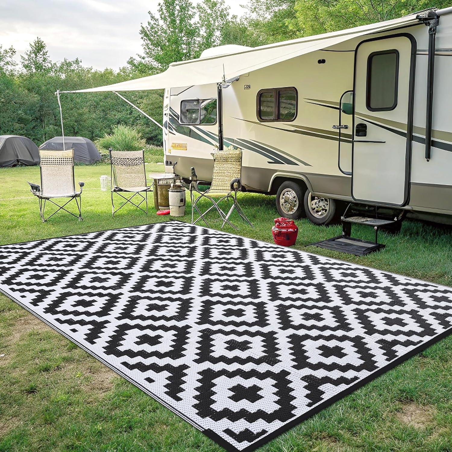 imageSmiry Waterproof Outdoor Rug 5x8 ft Reversible Plastic Straw Patio Camping Rugs Outdoor Indoor RV Mat Carpet for Patio Outside Entry Backyard Deck Bench Picnic Camper White ampamp GreyBlack and White