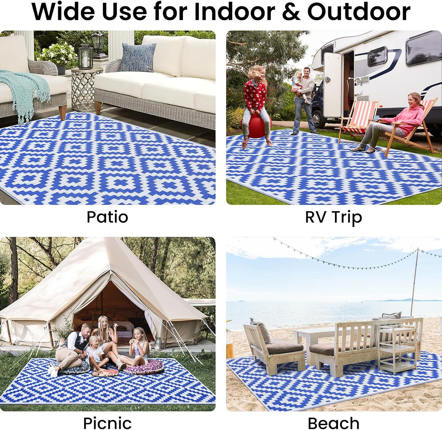 imageSmiry Waterproof Outdoor Rug 5x8 ft Reversible Plastic Straw Patio Camping Rugs Outdoor Indoor RV Mat Carpet for Patio Outside Entry Backyard Deck Bench Picnic Camper White ampamp GreyWhite and Blue