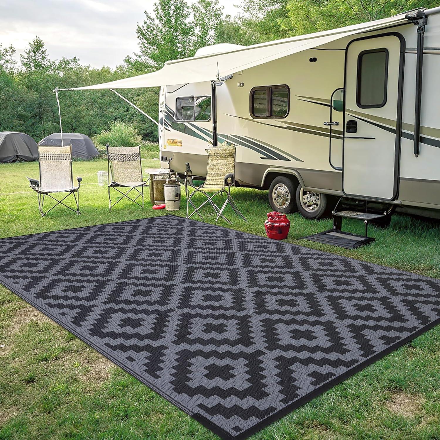 imageSmiry Waterproof Outdoor Rug 5x8 ft Reversible Plastic Straw Patio Camping Rugs Outdoor Indoor RV Mat Carpet for Patio Outside Entry Backyard Deck Bench Picnic Camper White ampamp GreyBlack and Grey